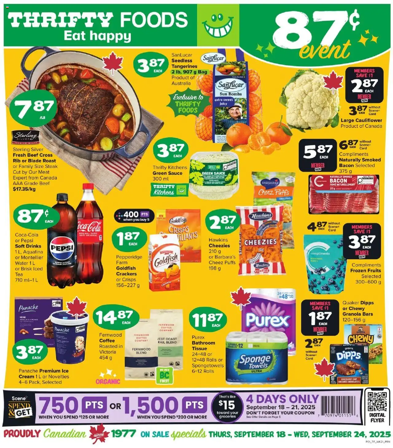 Preview of leaflet Weekly flyer / circulaire from shop Thrifty Foods is valid from Sep 18, 2025 - Tangerines, Water, Meat, Beef, Crackers, Sponge, Cheddar, Crisps
