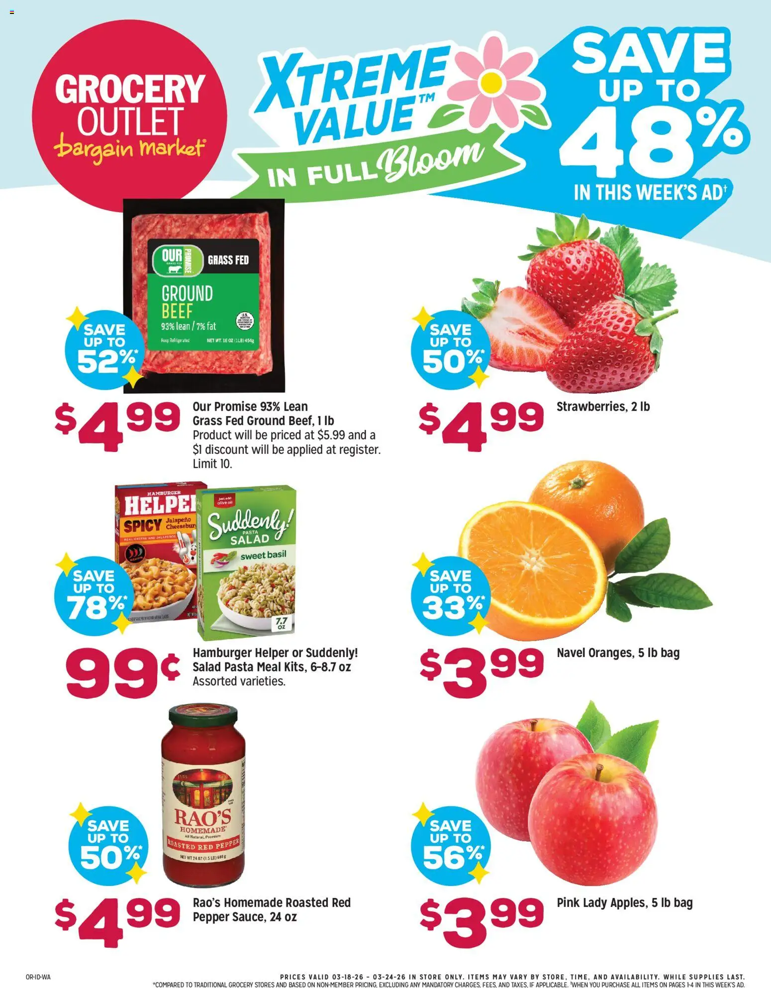 Ad Preview of Grocery Outlet Grocery Outlet Weekly Ad - ID from 03/18/2026 - Pasta, Hamburger, Salad, Cheese, Pepper, Beef, Ground beef, Bag