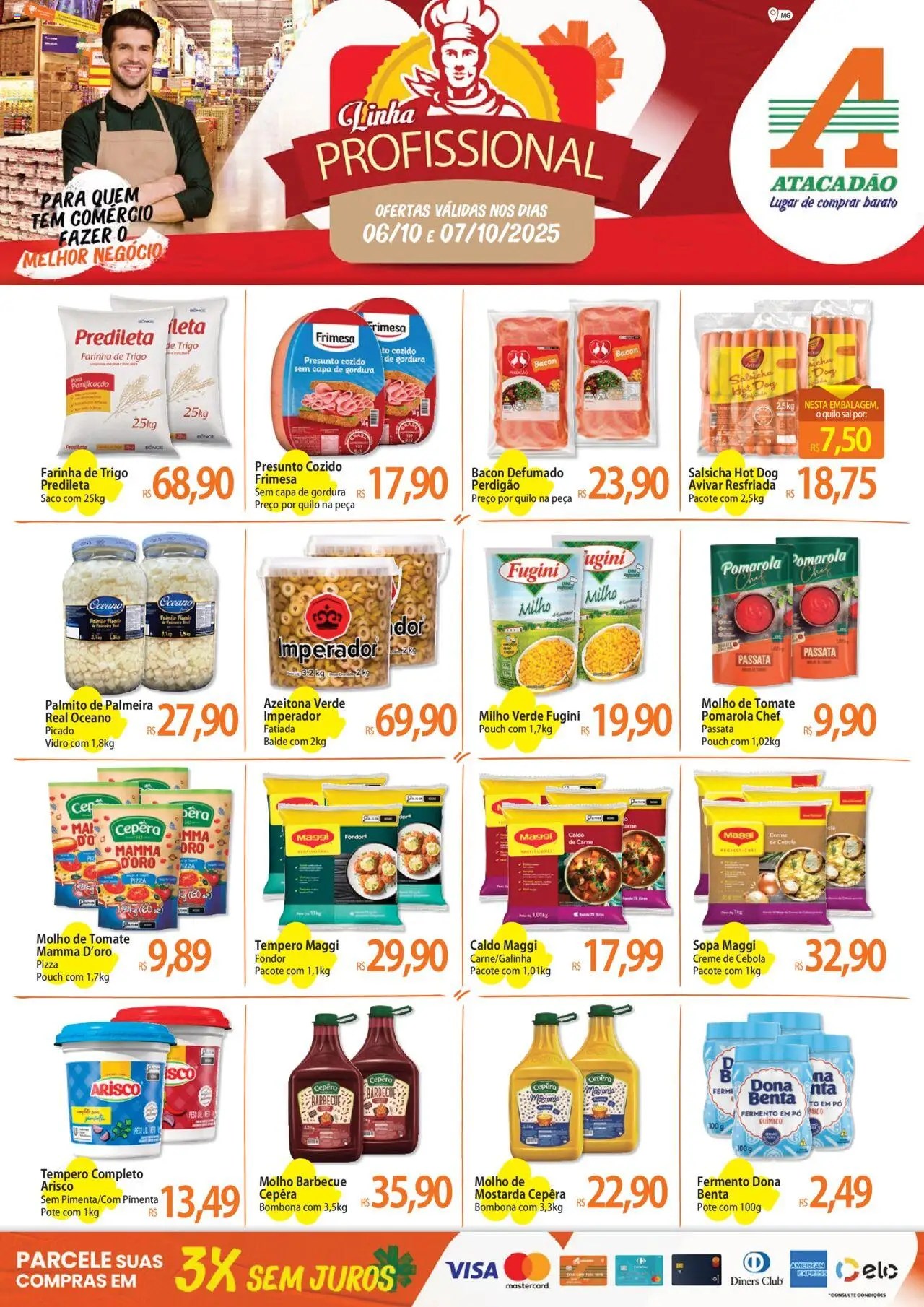 Pré-Visualização do folheto "Ofertas - MG" da loja Atacadão válido a partir de 06/10/2025 - Salsicha, Carne, Palmito, Pimenta, Cebola, Pó, Milho verde, Balde