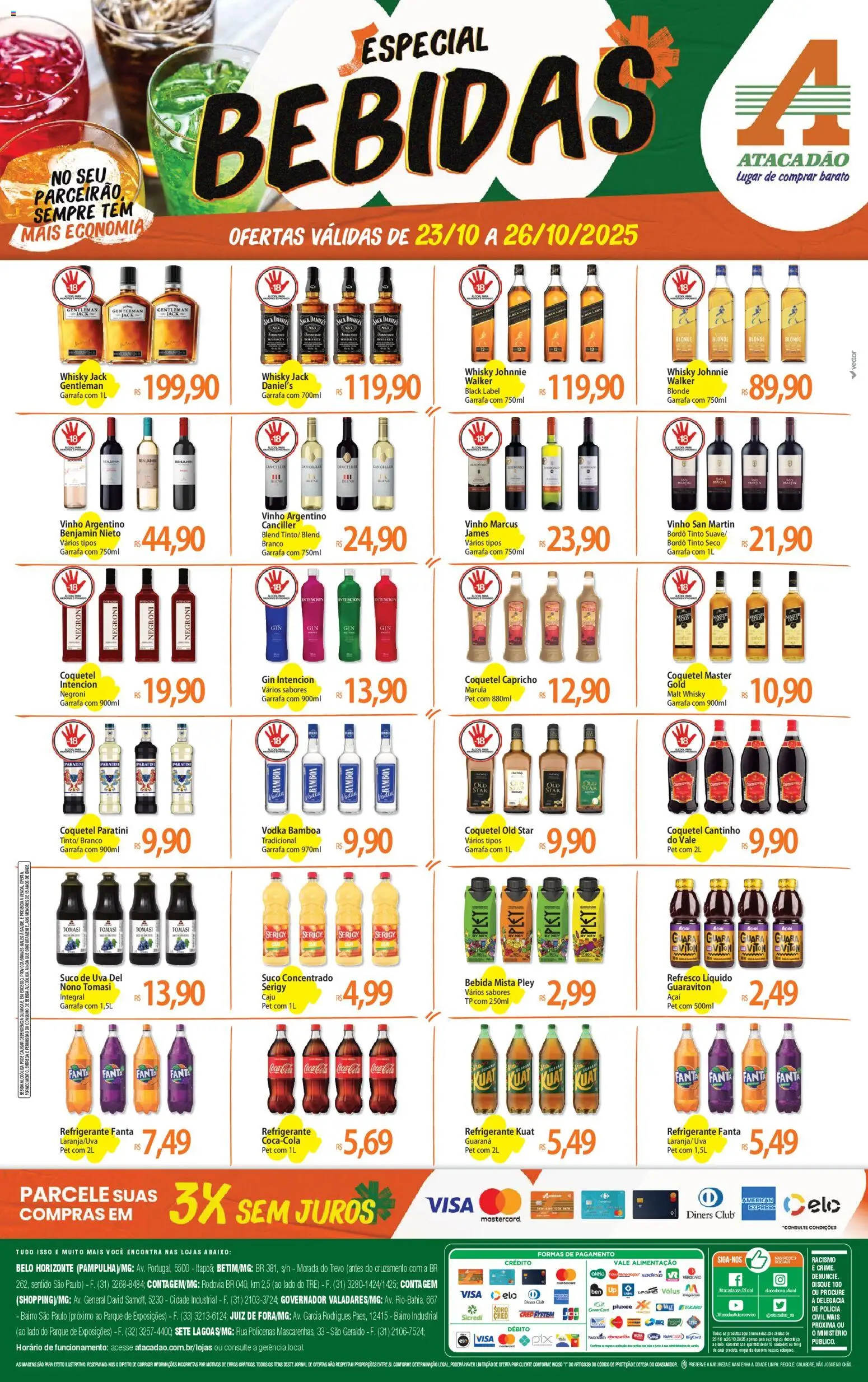 Atacadão folheto "Ofertas - MG" válido a partir de 23/10/2025 - número de página 1 - Pá, Whisky, Gin, Vinho, Uva, Suco, Cola, Fanta