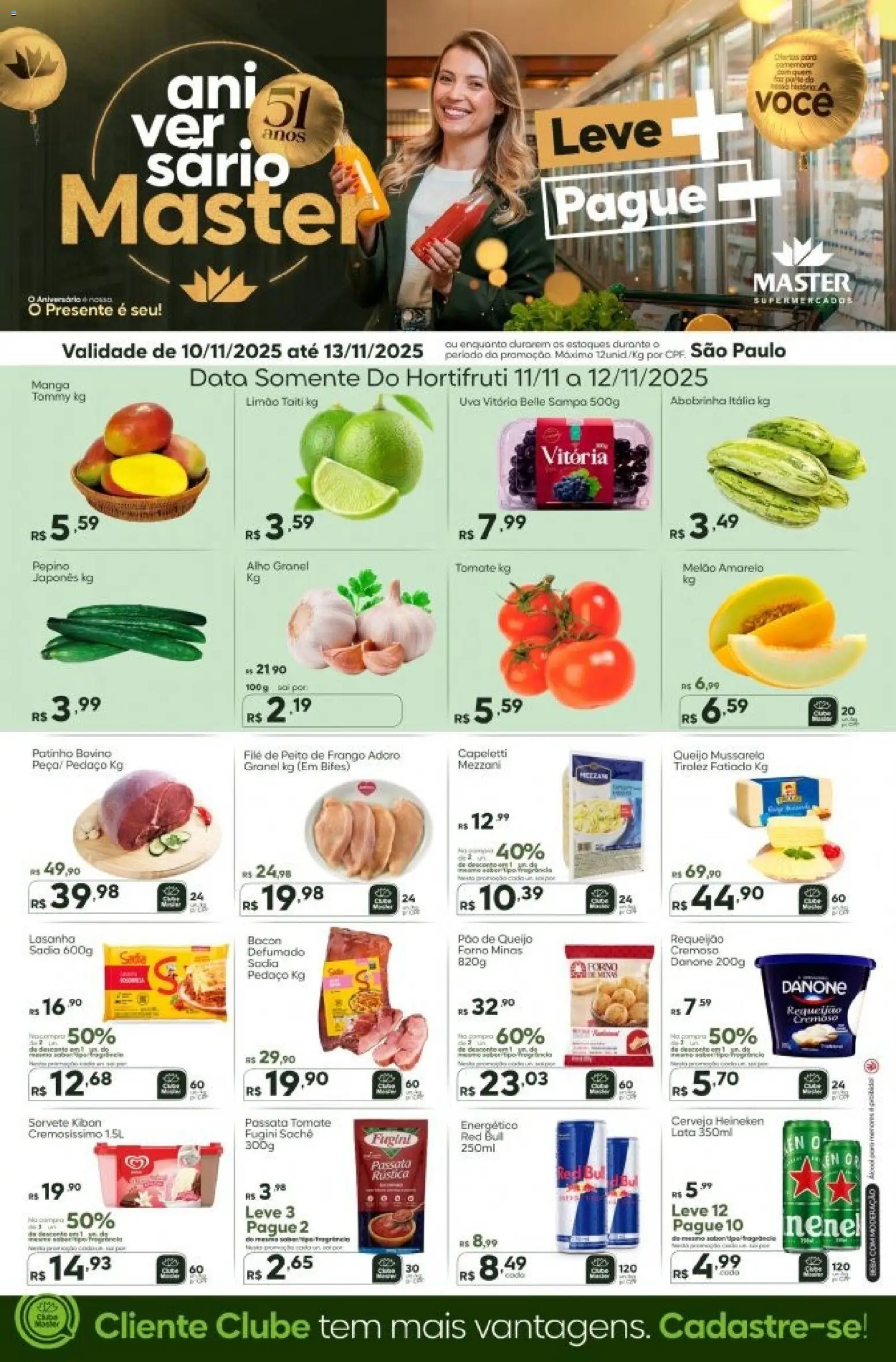 Pré-Visualização do folheto "Ofertas - SP" da loja Master válido a partir de 10/11/2025 - Heineken, Manga, Lasanha, Uva, Frango, Tomate, Bacon, Melão amarelo