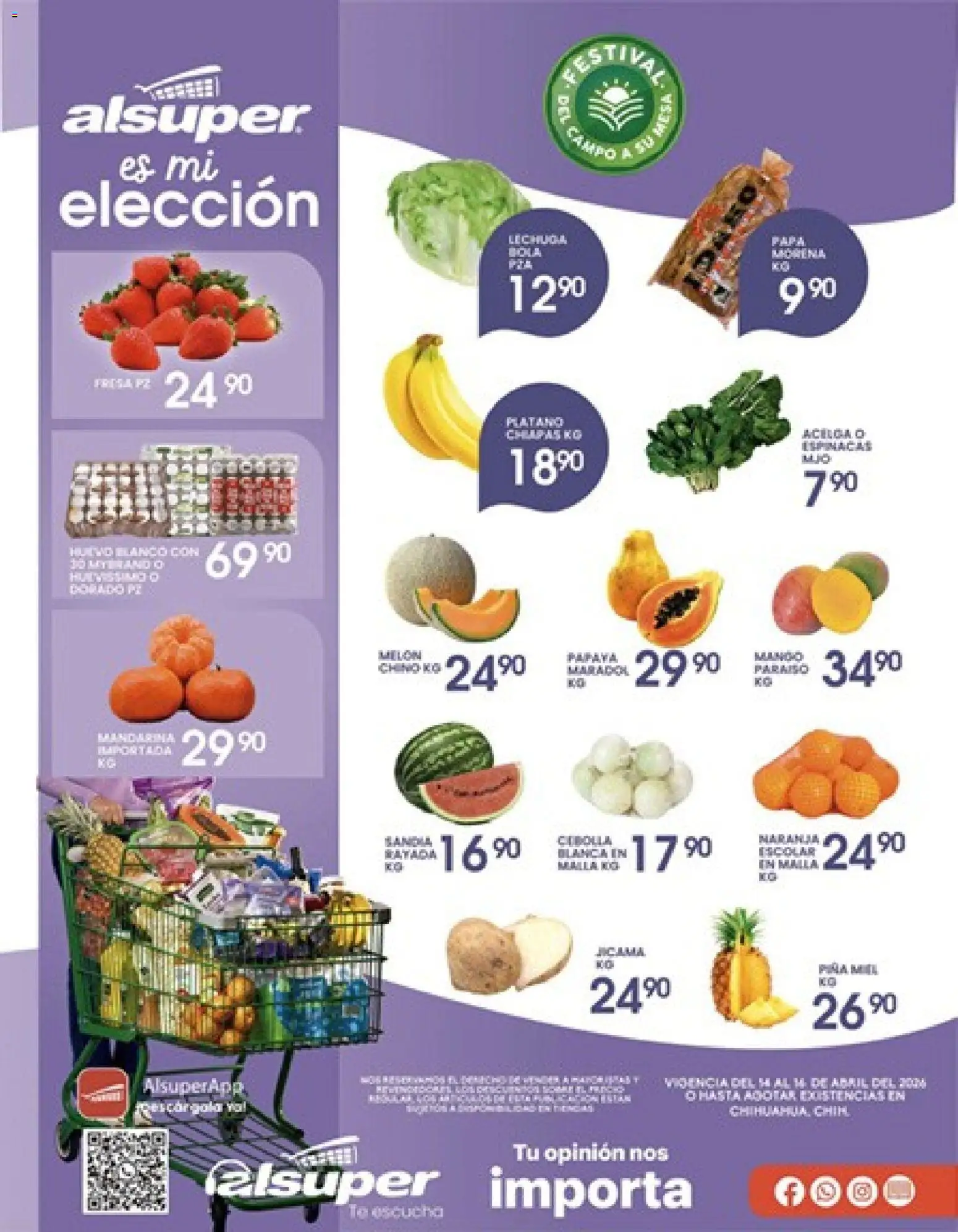 Vista previa las ofertas de la tienda Alsuper - Alsuper folleto Chihuahua-Ciudad desde el 14/04/2026 - Mango, Sandía, Espinacas, Piña, Acelga, Lechuga, Miel, Malla