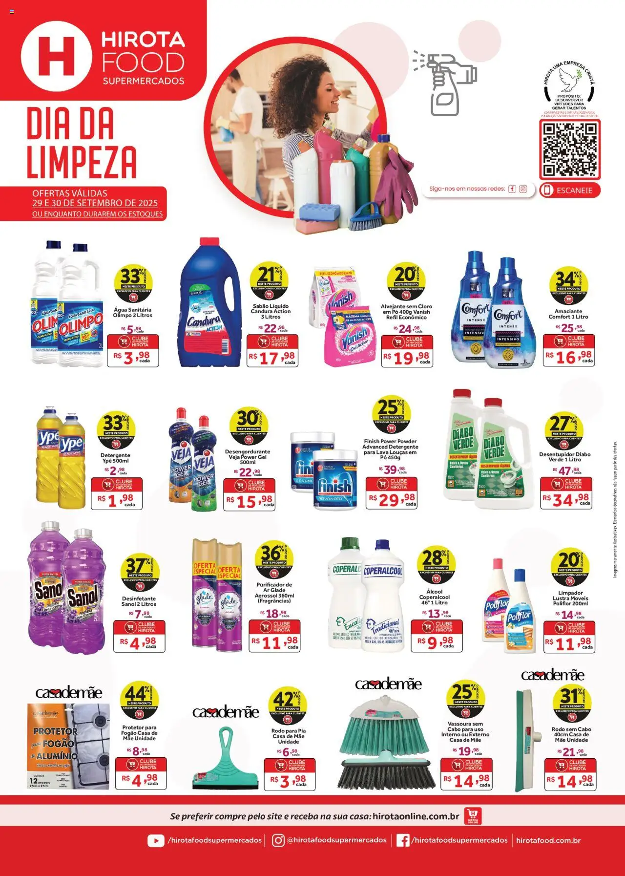 Hirota Food folheto "Ofertas Dia da Limpeza" válido a partir de 29/09/2025 - número de página 1 - Fogão, Água, Álcool, Água sanitária, Rodo, Desengordurante, Cabo, Lustra móveis