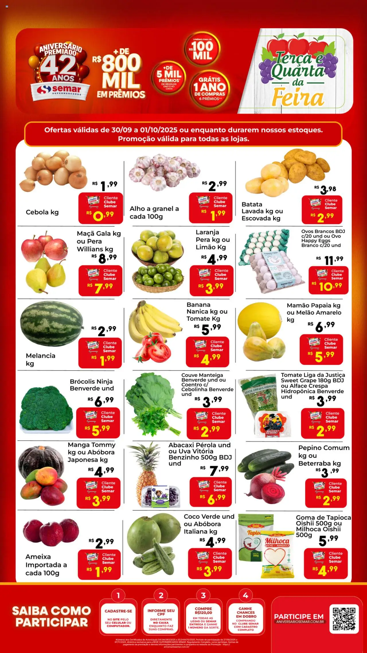 Semar Supermercado folheto "Ofertas Feira" válido a partir de 30/09/2025 - número de página 1 - Tapioca, Brócolis, Abóbora, Batata, Tomate, Manteiga, Alface, Melão amarelo