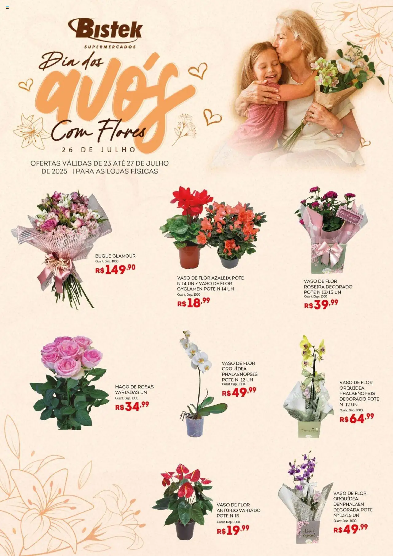 Bistek Supermercados folheto "Ofertas Dia dos Avós" válido a partir de 23/07/2025 - número de página 1 - Flores, Orquídea, Vaso, Denphalaen