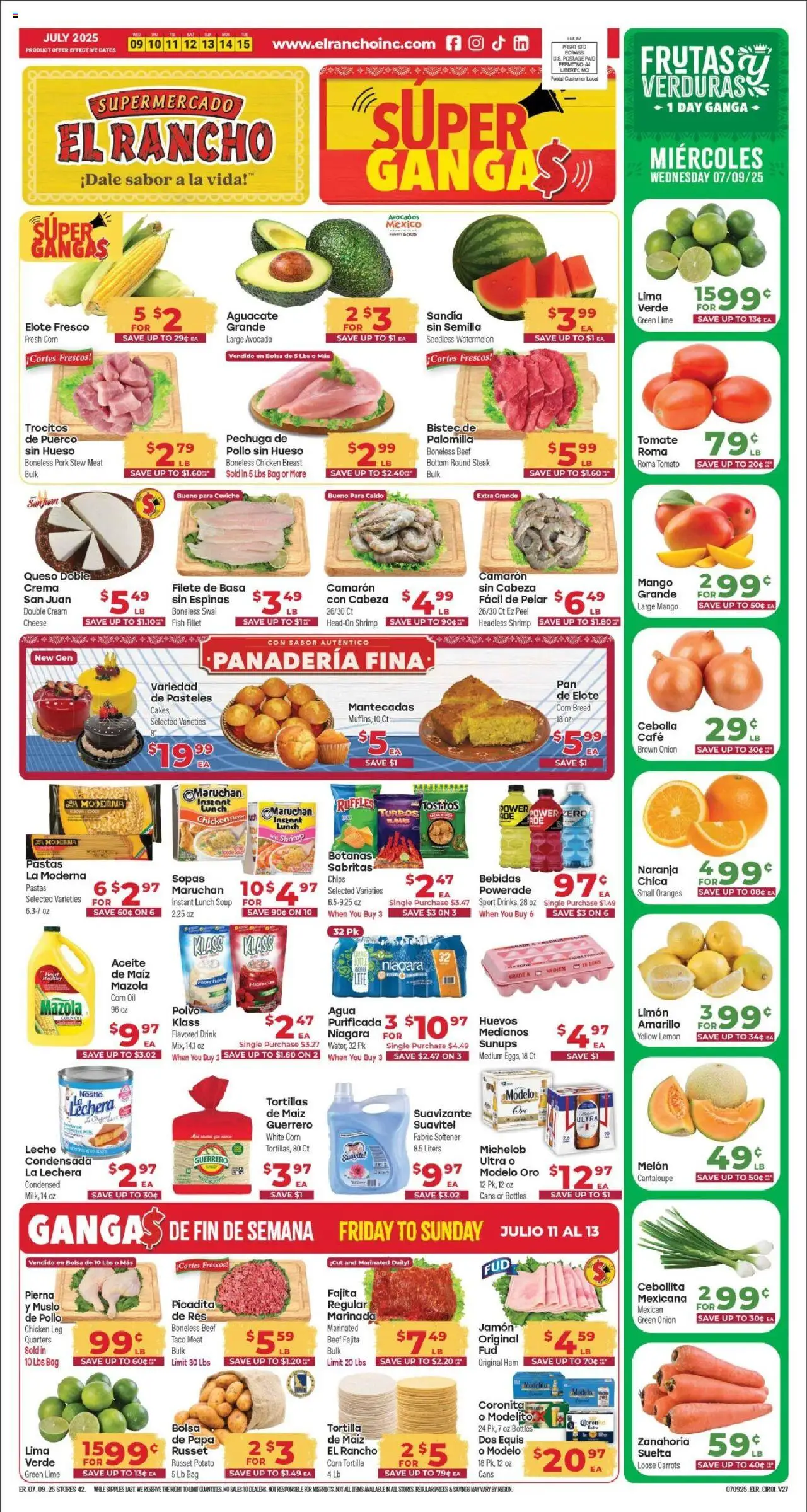 El Rancho Weekly Ad from 07/09/2025 - Flyer - Page number 1 - Shrimp, Meat, Oil, Ham, Fish, Tortillas, Mango, Bag