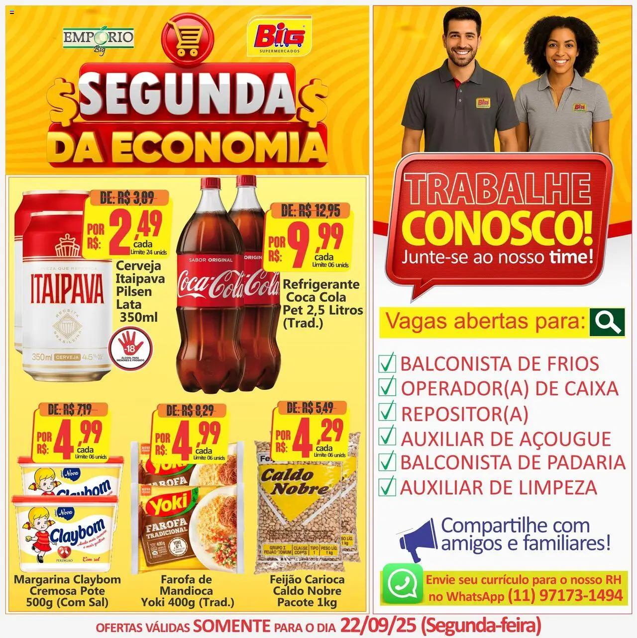 Big Supermercados folheto "Ofertas do Dia" válido a partir de 22/09/2025 - número de página 1 - Caixa, Cerveja, Sal, Feijão, Refrigerante, Farofa, Cola, Margarina