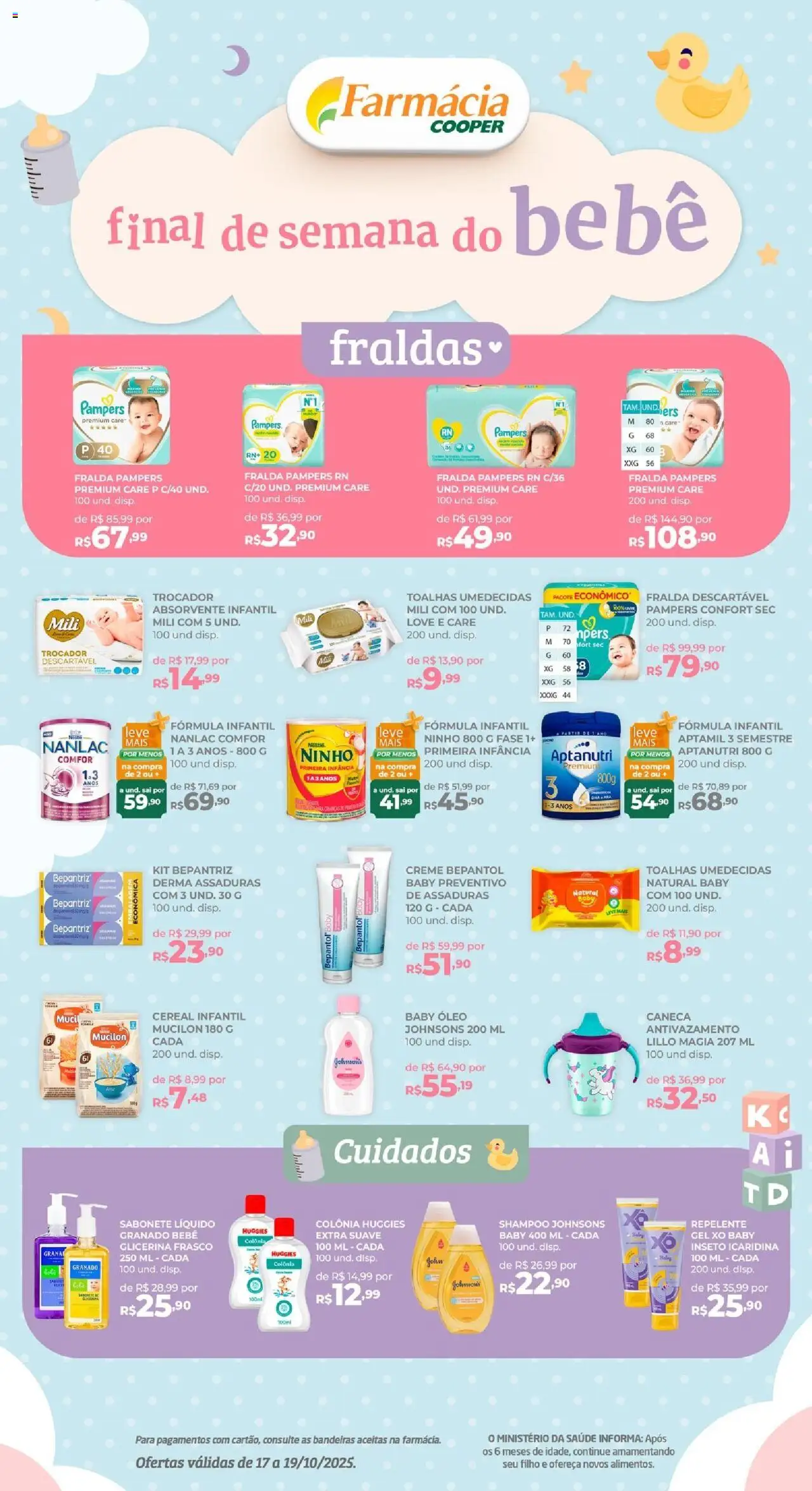 Cooper folheto "Ofertas Fim de semana do bebê" válido a partir de 17/10/2025 - número de página 1 - Shampoo, Fraldas, Fralda pampers, Absorvente, Óleo, Mucilon, Sabonete líquido, Fórmula infantil