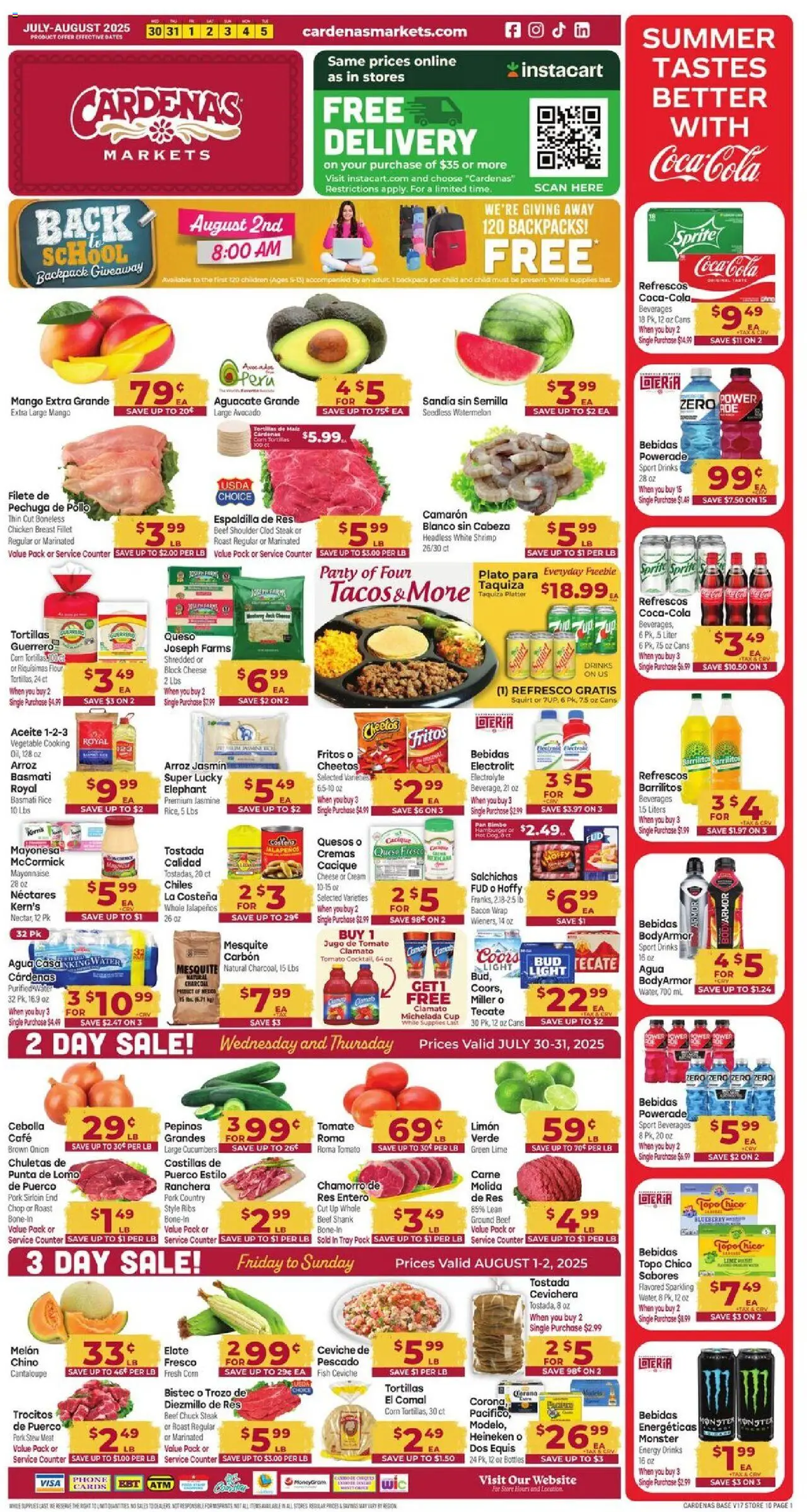 Cardenas Weekly Ad from 07/30/2025 - Flyer - Page number 1 - Beverages, Rice, Water, Backpack, Lime, Beef chuck, Sprite, Steak
