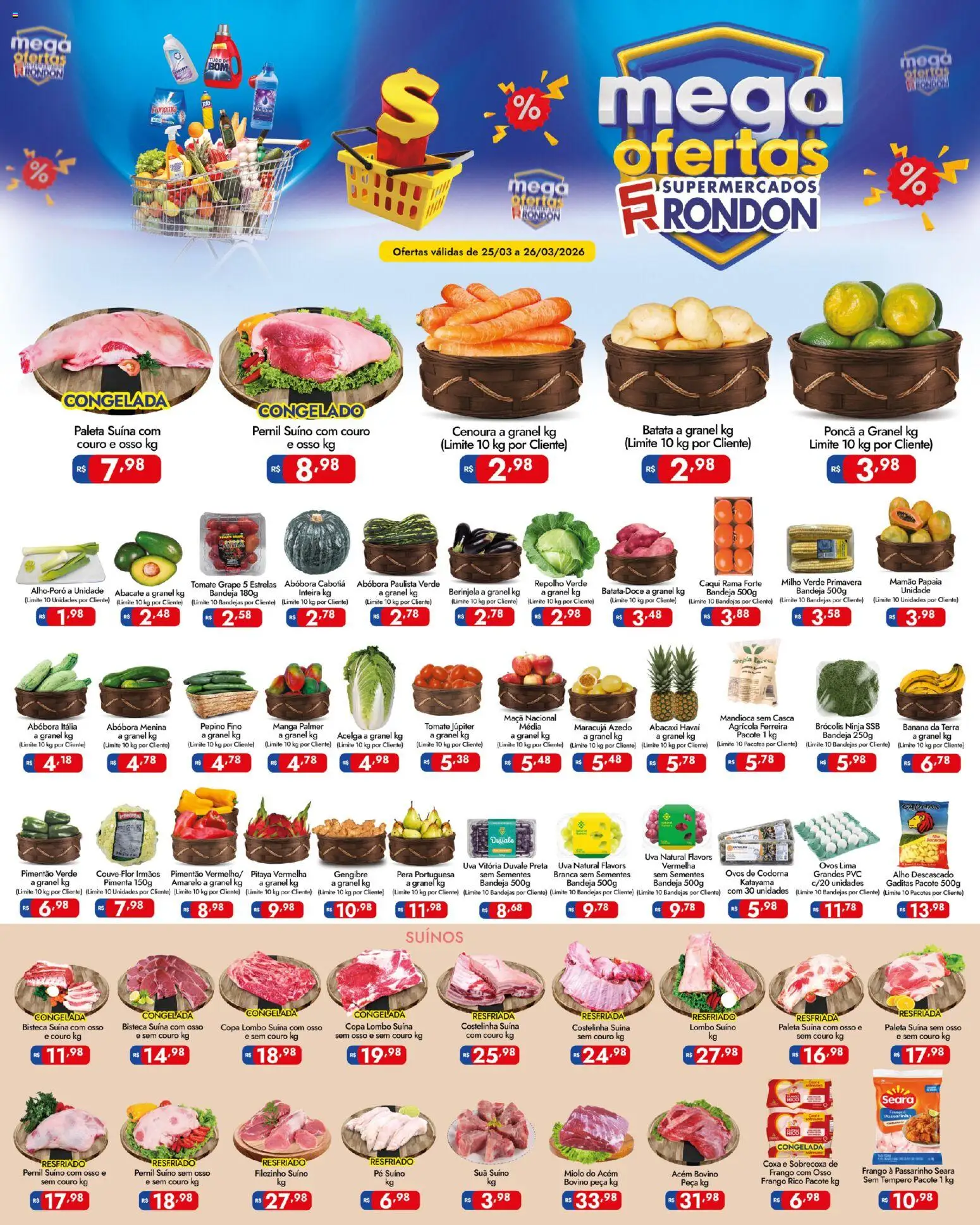 Pré-Visualização do folheto "Supermercados Rondon - Ofertas da semana" da loja Supermercados Rondon válido a partir de 25/03/2026 - Manga, Ovos, Gengibre, Frango, Mandioca, Pernil, Bandeja, Acém