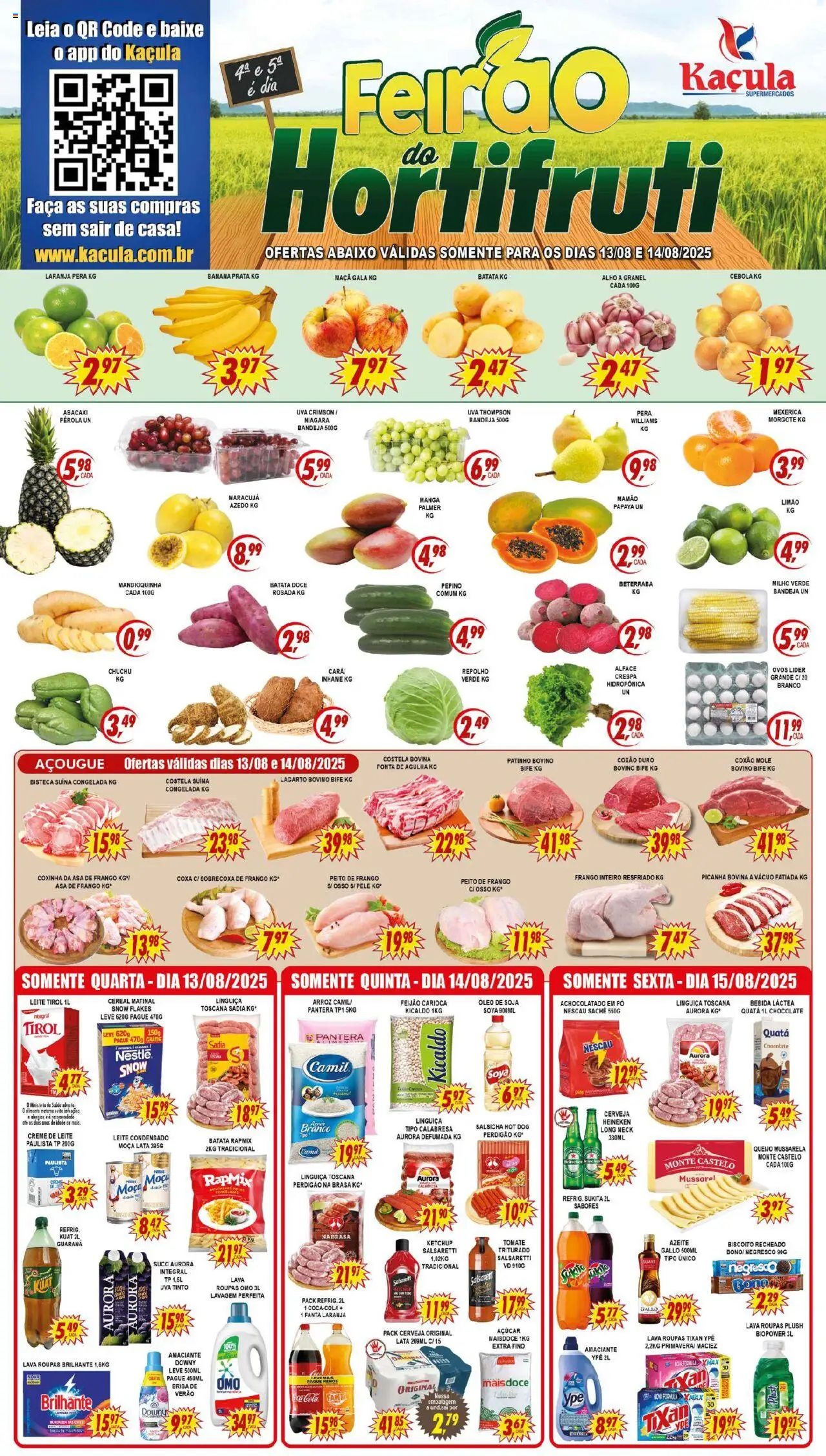 Kaçula folheto "Ofertas da semana" válido a partir de 13/08/2025 - número de página 1 - Cerveja, Roupas, Leite condensado, Ovos, Ketchup, Alface, Mexerica, Guaraná
