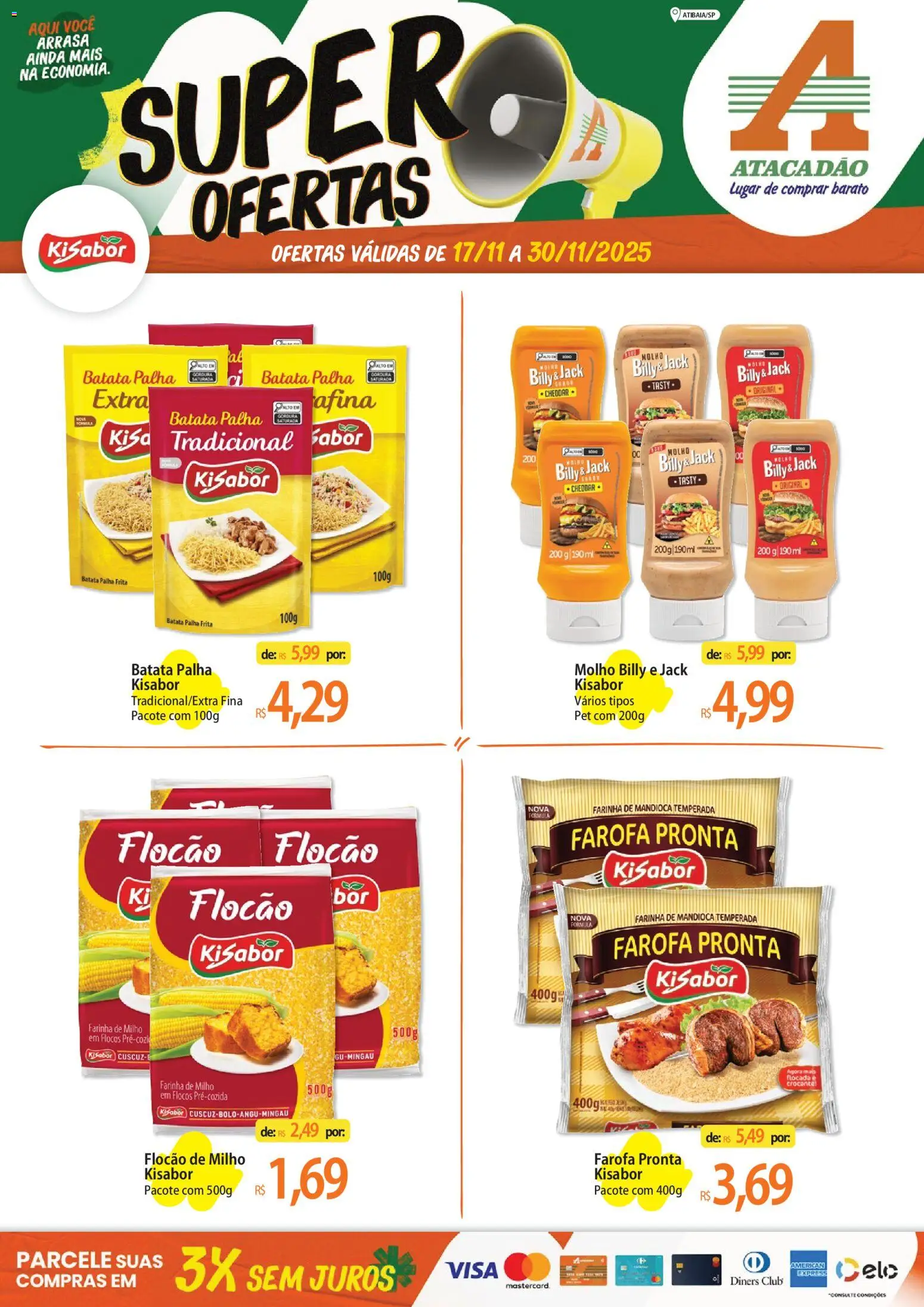 Pré-Visualização do folheto "Ofertas - SP" da loja Atacadão válido a partir de 17/11/2025 - Batata, Milho, Mandioca, Cheddar, Farofa, Batata palha, Farinha, Farinha de mandioca