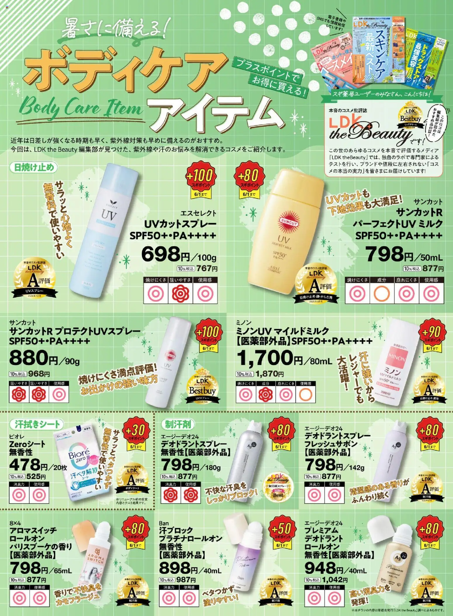 スギ 薬局の2026/04/06からまでのチラシはここスギ 薬局 - テスト誌LDK認定！暑さに対策ボディケア - 米, デオドラント, 日焼け止め