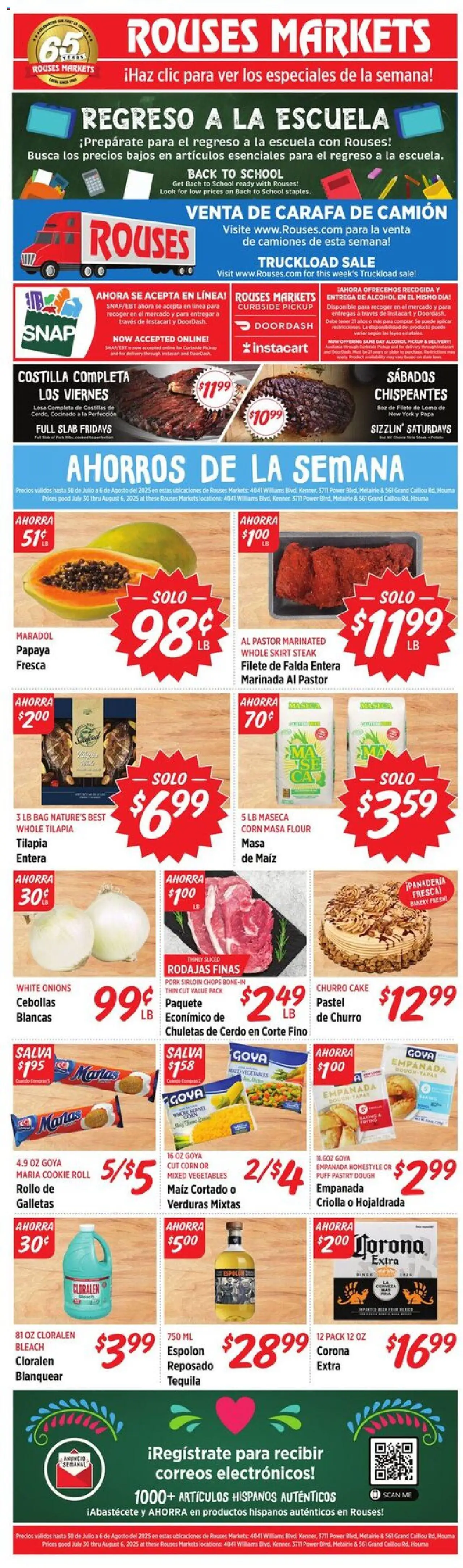 Rouses Market Ad from 07/30/2025 - Flyer - Page number 1 - Cake, Steak, Corn, Tilapia, Bag, Flour, Dough, Mixed vegetables