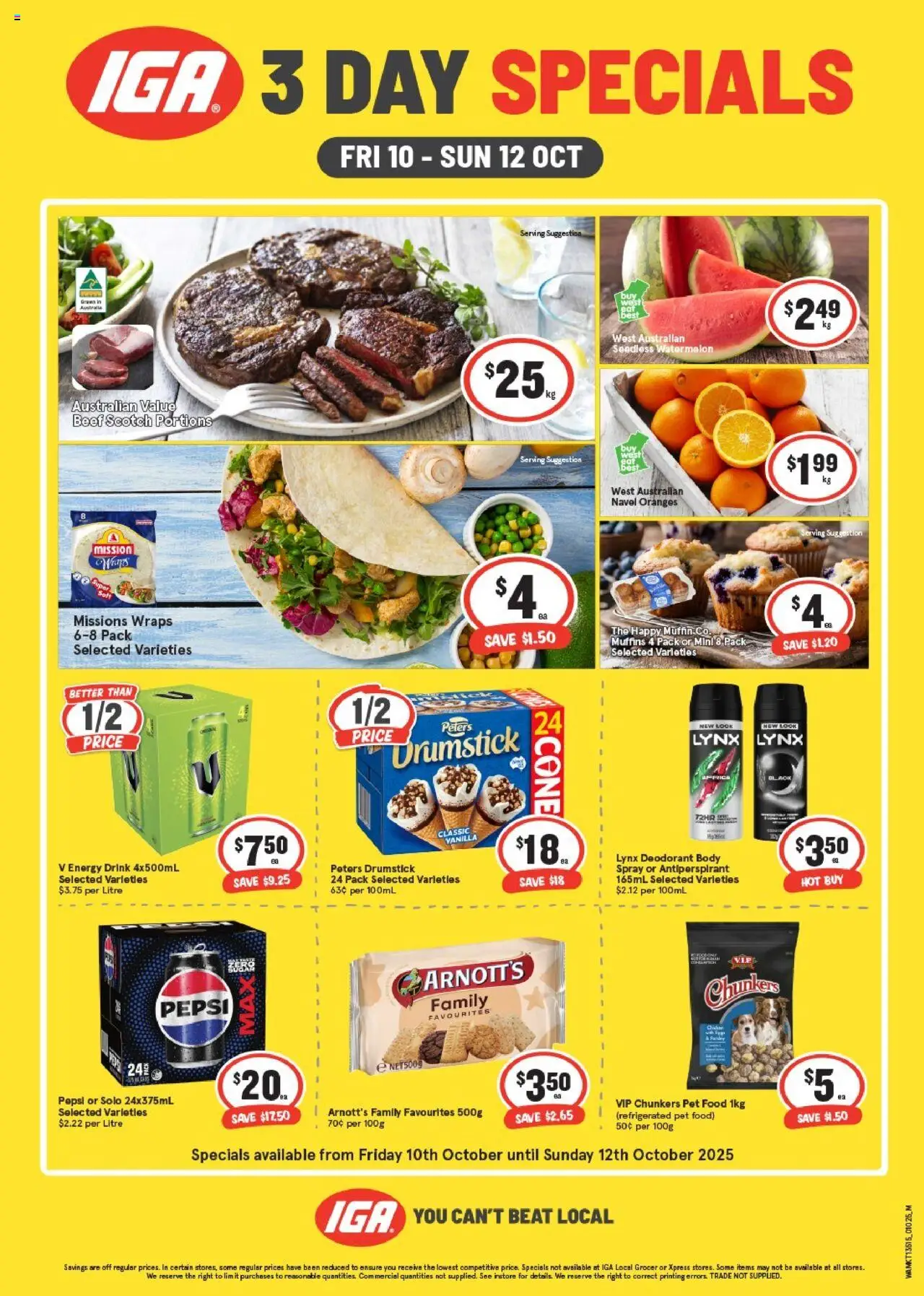 Preview of catalogue Weekend Specials WA from shop IGA valid 10/10/2025 - Energy drink, Oranges, Muffins, Beef, Deodorant, Pepsi, Watermelon, Vanilla