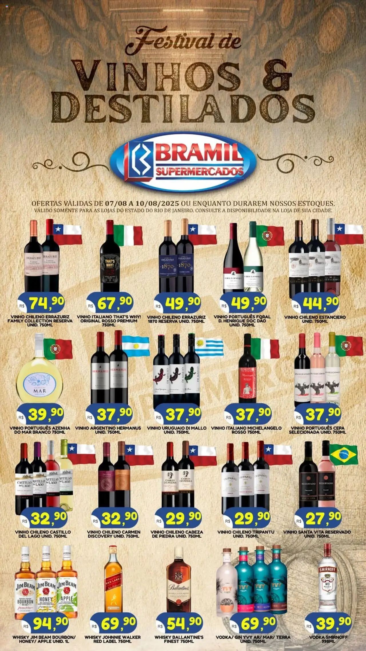 Bramil Supermercados folheto "Ofertas Festival de Vinhos e Destilados" válido a partir de 07/08/2025 - número de página 1 - Whisky, Gin, Vinho, Vodka, Bourbon, Pó, Whisky Jim Beam, Ballantine’s