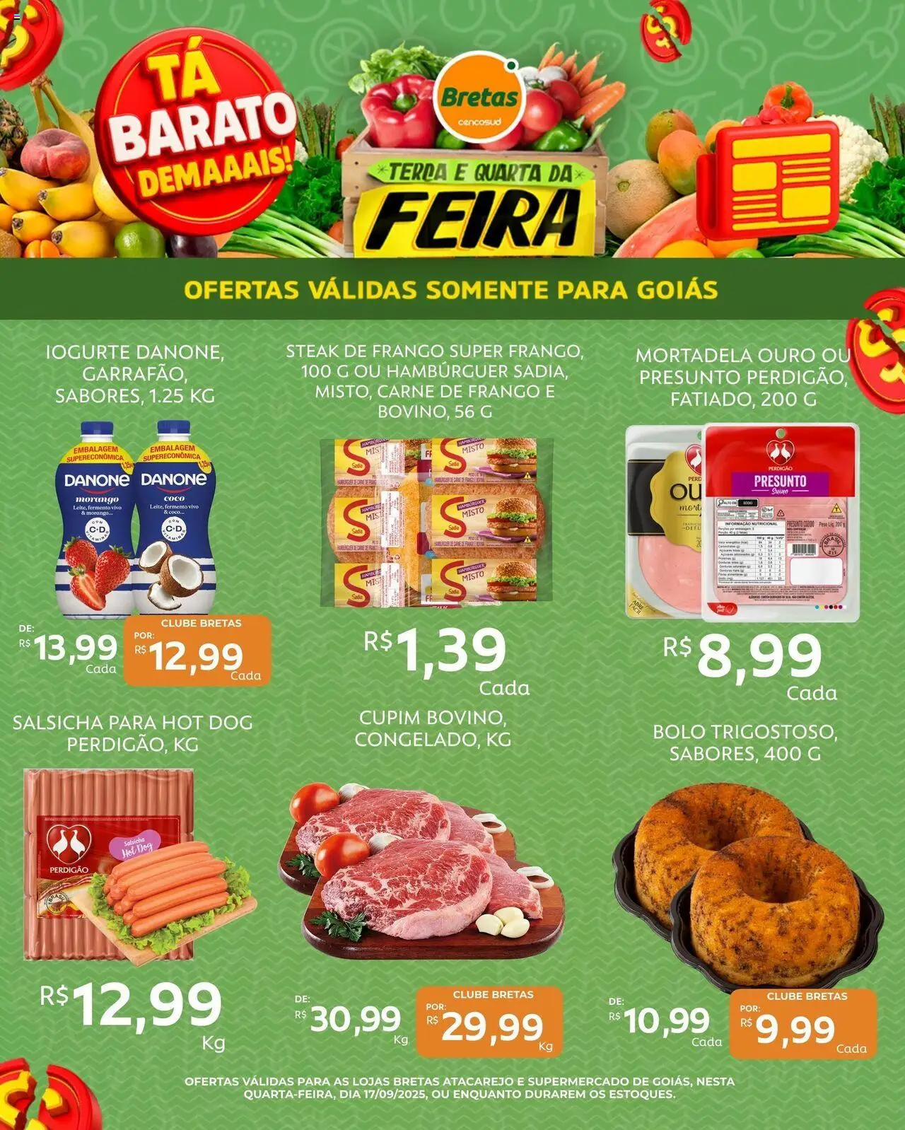 Bretas folheto "Ofertas Feira" válido a partir de 17/09/2025 - número de página 1 - Hambúrguer, Coco, Bolo, Salsicha, Frango, Mortadela, Steak, Carne de frango