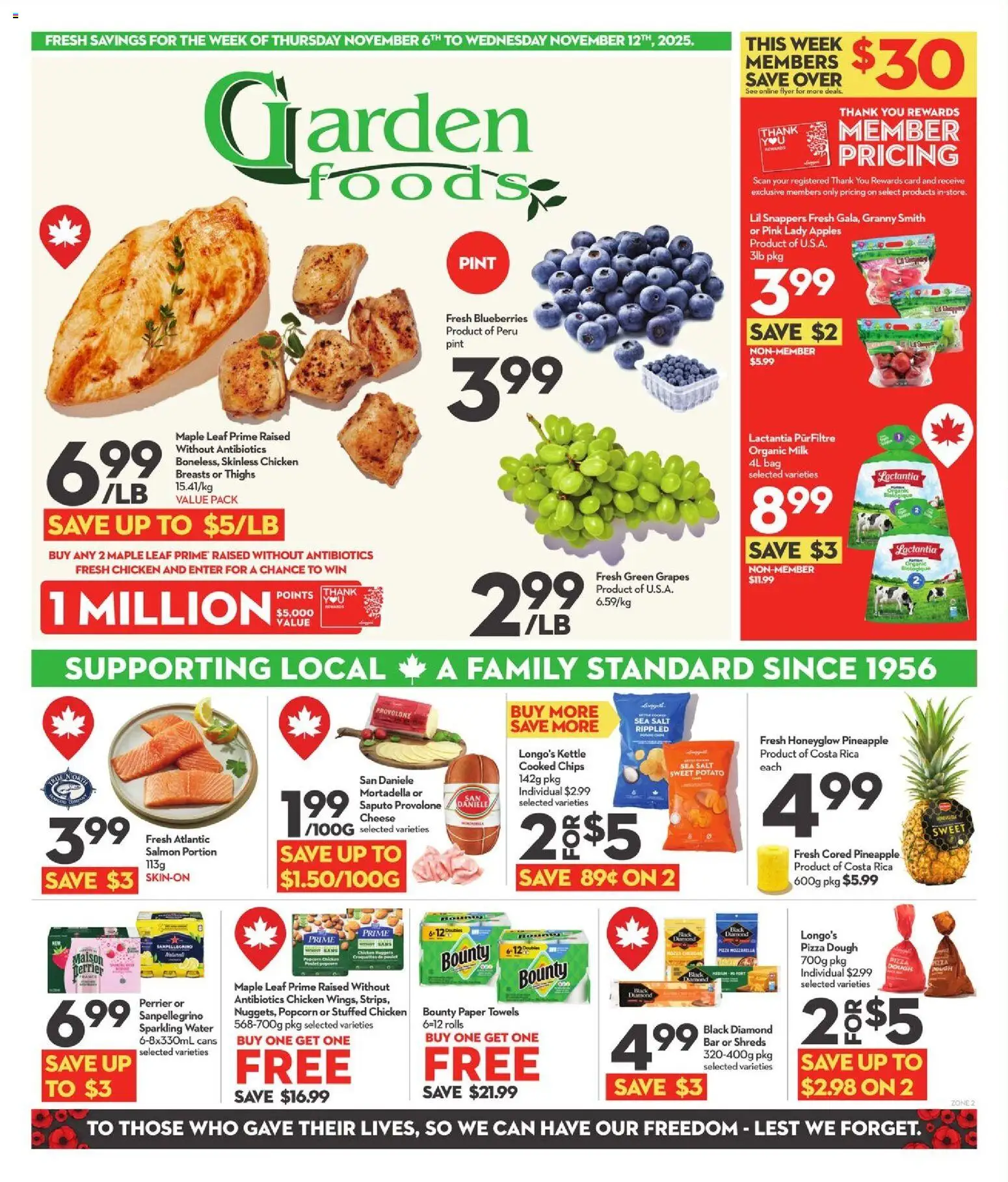 Preview of leaflet Garden Foods from shop Longo's is valid from Nov 06, 2025 - Apples, Chicken, Popcorn, Chips, Blueberries, Kettle, Mozzarella, Paper towels