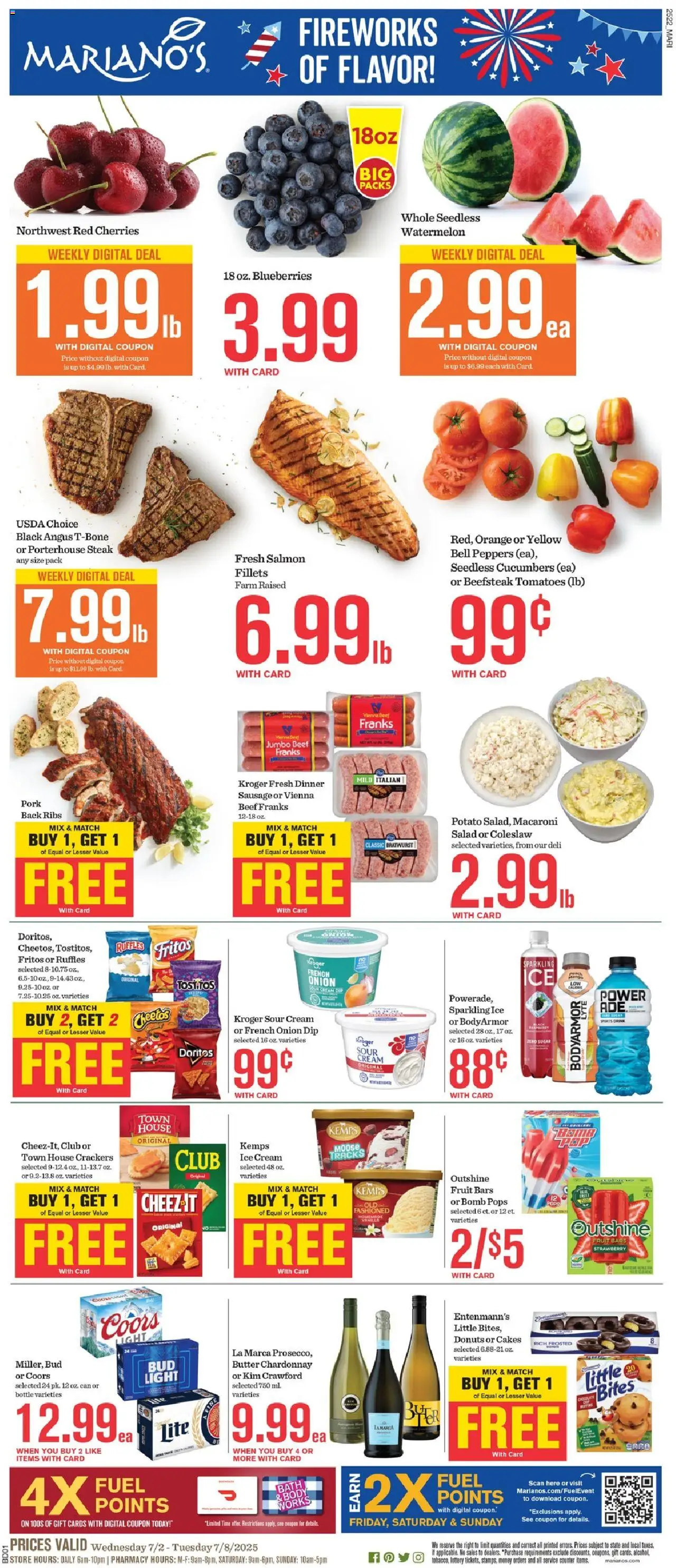 Mariano's Weekly Ad from 07/02/2025 - Flyer - Page number 1 - Fruit, Watermelon, Salmon, Peppers, Cucumbers, Beef, Bratwurst, Vanilla