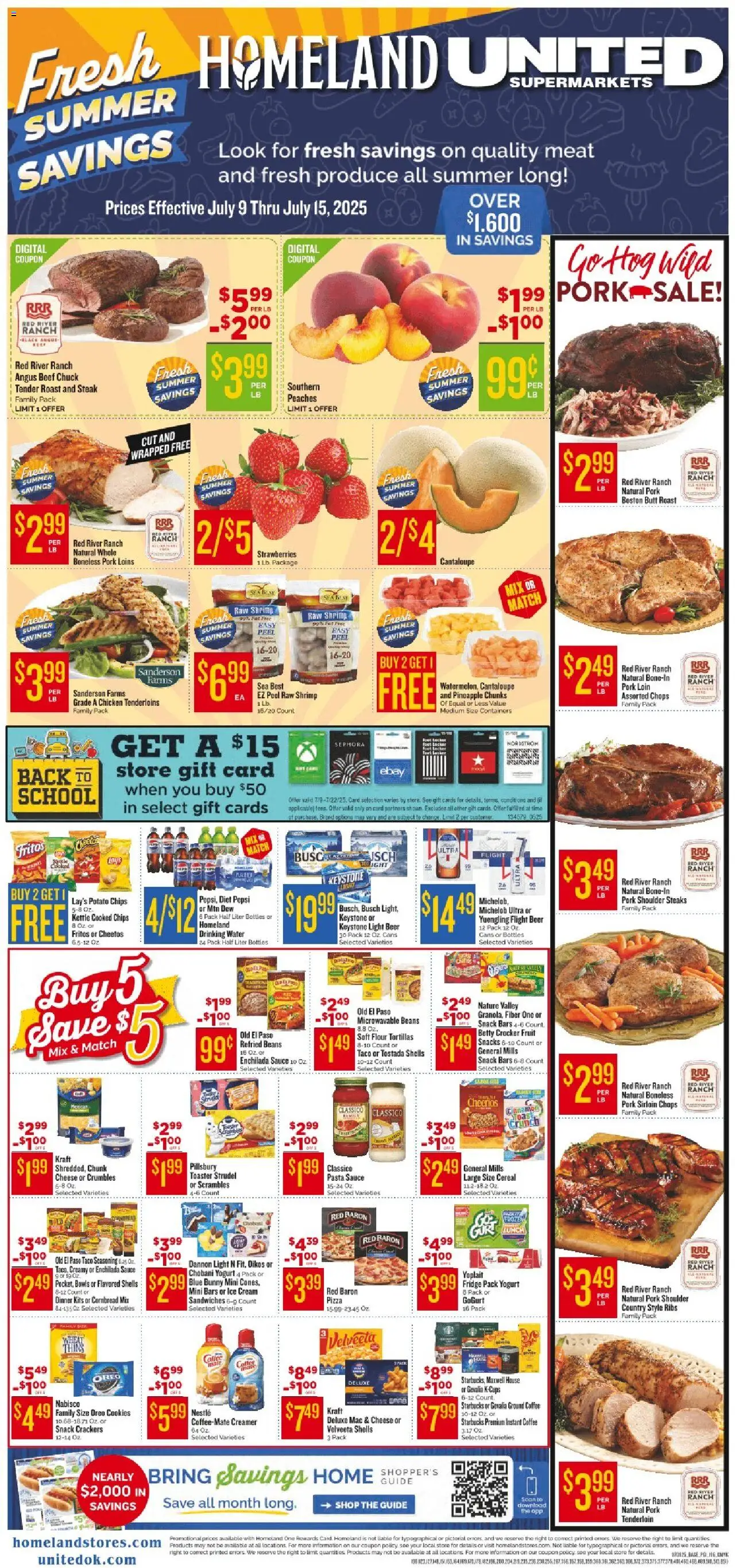 Homeland Weekly Ad from 07/09/2025 - Flyer - Page number 1 - Crackers, Peaches, Shrimp, Potato chips, Beef, Pasta, Chips, Pork tenderloin