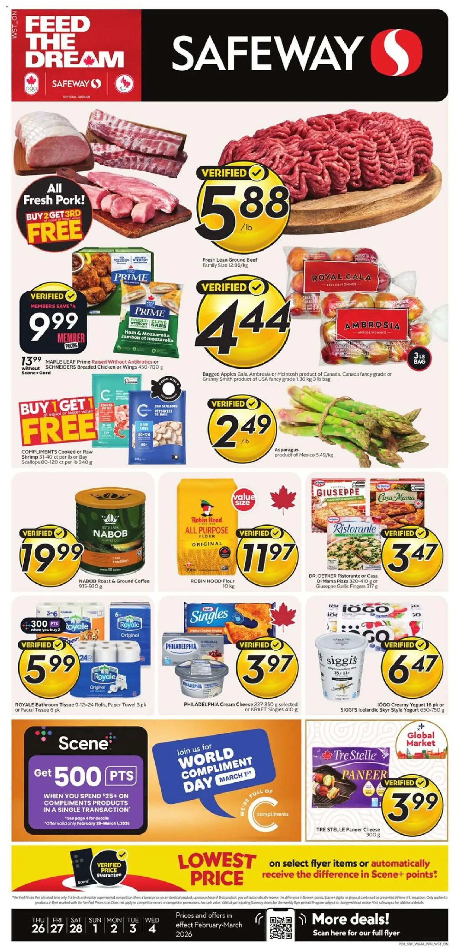 Preview of leaflet Weekly flyer / circulaire from shop Safeway is valid from Feb 26, 2026 - Chicken, Shrimp, Bag, Cream cheese, Cream, Garlic, Ground beef, Ground coffee