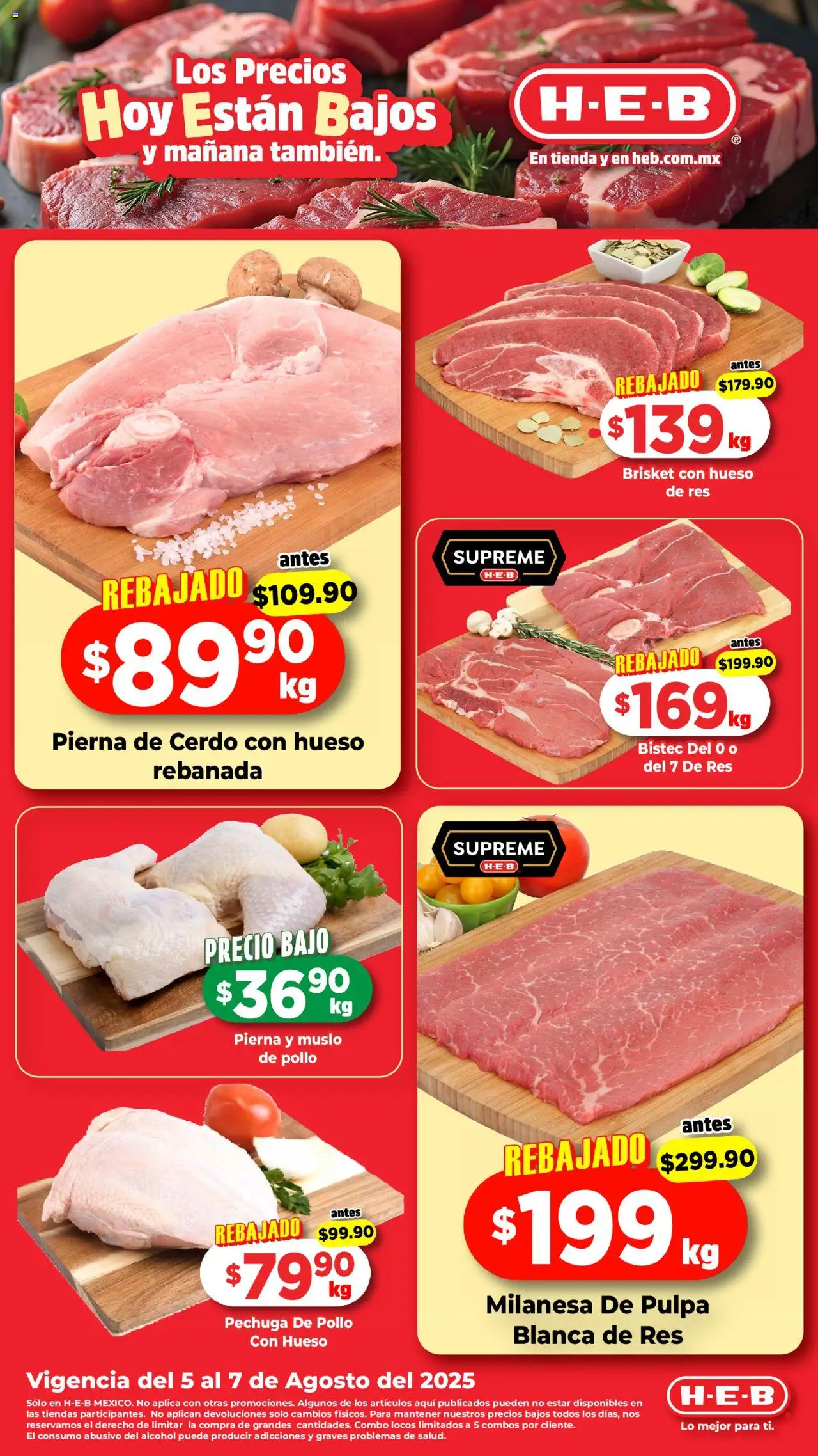 Folleto H-E-B y sus promociones válidas desde el 05/08/2025 - Número de página 1 - Pollo, Alcohol, Cerdo, Bistec, Milanesa, Res, Pierna de cerdo