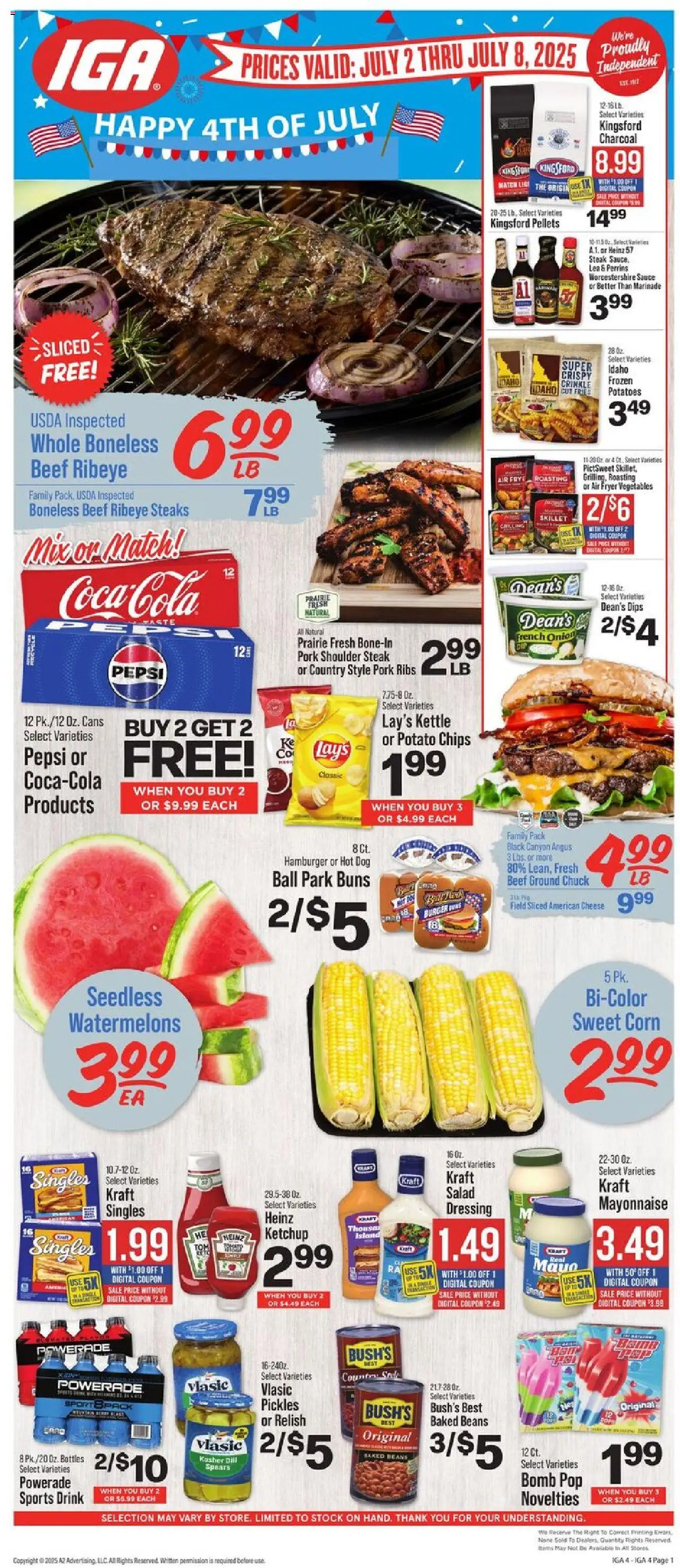 IGA Weekly Ad from 07/02/2025 - Flyer - Page number 1 - Steak, Salad, Pepsi, Beef, Potato chips, Sauce, Kettle, Pork shoulder steak