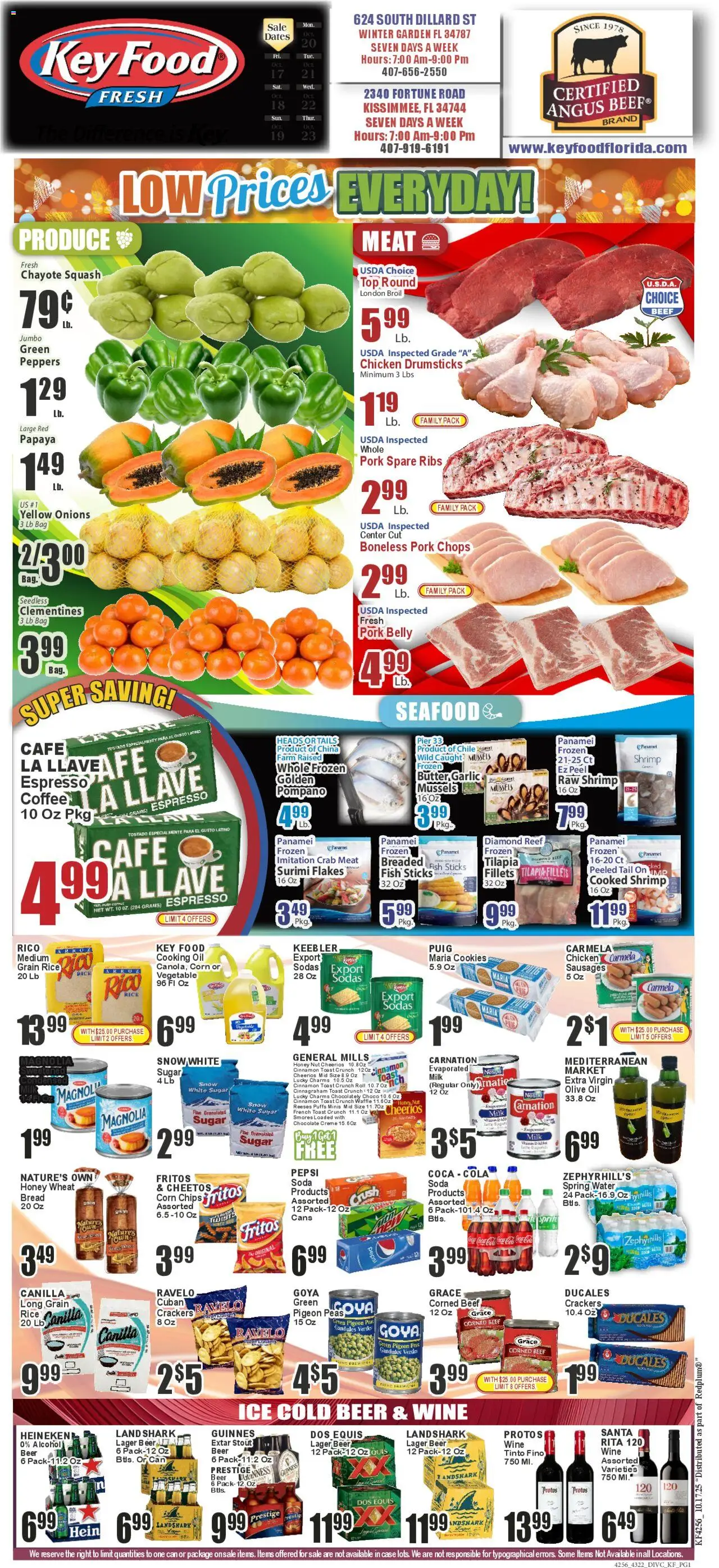 Key Food Weekly Circular (10/17/2025) >> Weekly Ad - Page number 1 - Coffee, Ice, Alcohol, Honey, Shrimp, Corn, Oil, Pork