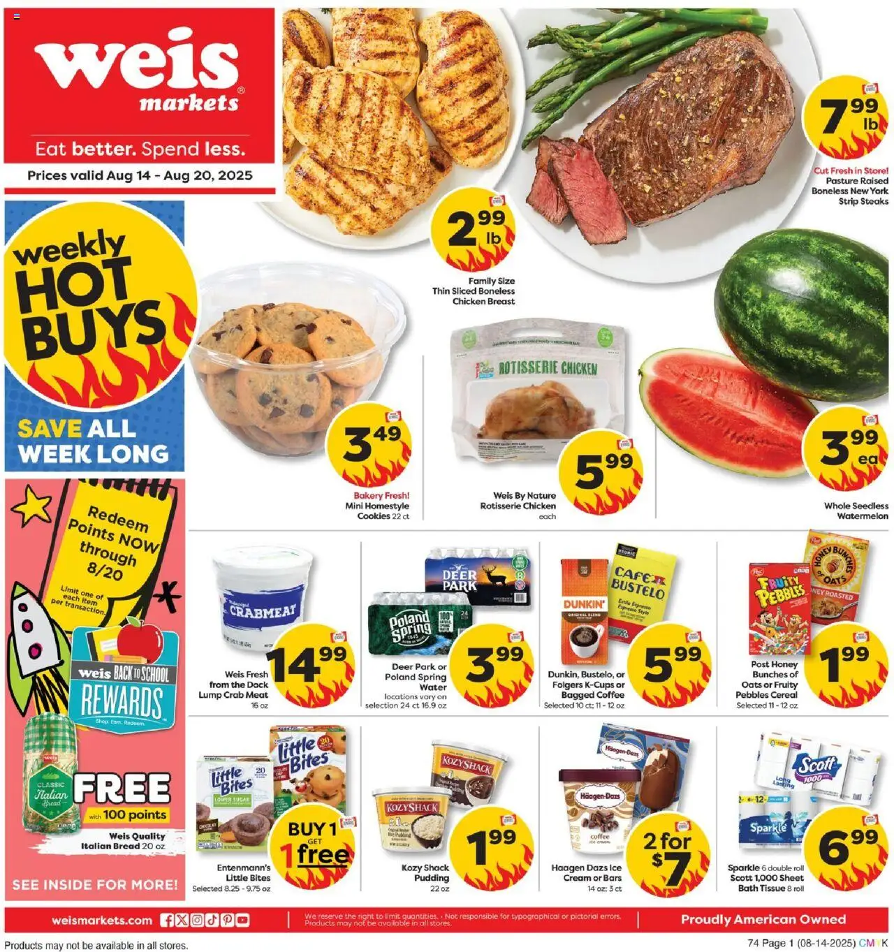Weis Weekly Circular - DE from 08/14/2025 - Flyer - Page number 1 - Bakery, Sheet, Water, Bread, Watermelon, Bath, Cream, Chicken