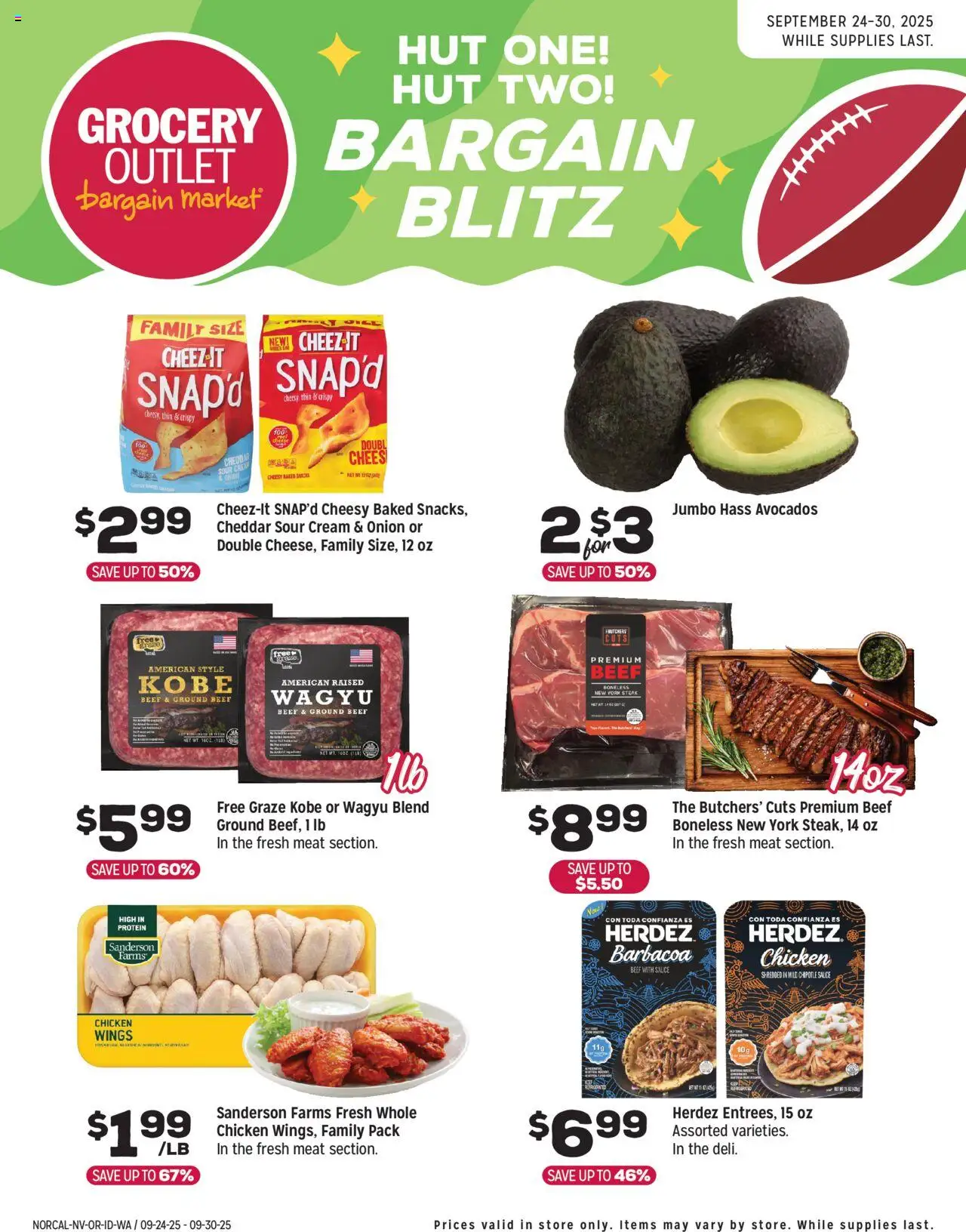 Grocery Outlet Weekly Ad - WA from 09/24/2025 - Flyer - Page number 1 - Steak, Chicken wings, Meat, Onion, Beef, Cream, Sauce, Chicken