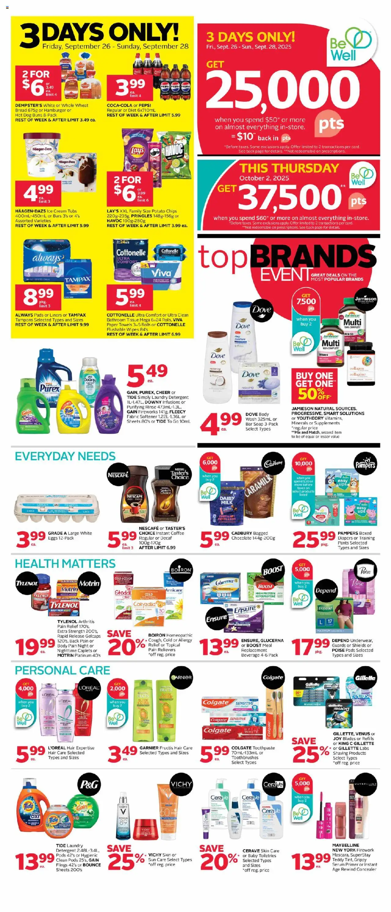 Rexall flyer valid from Sep 26, 2025 - page number 1 - Hamburger, Eggs, Protein, Soap, Pants, Paper towels, Instant coffee, Fabric softener