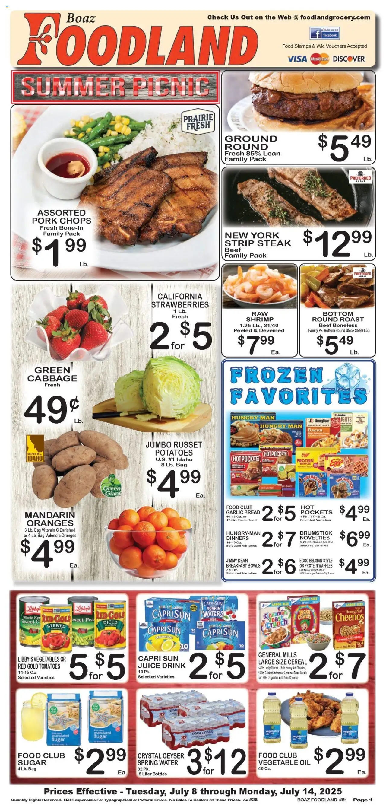 Foodland Weekly Ad from 07/08/2025 - Flyer - Page number 1 - Vitamin, Shrimp, Spring water, Bread, Potatoes, Cabbage, Chocolate Chip, Vegetable oil