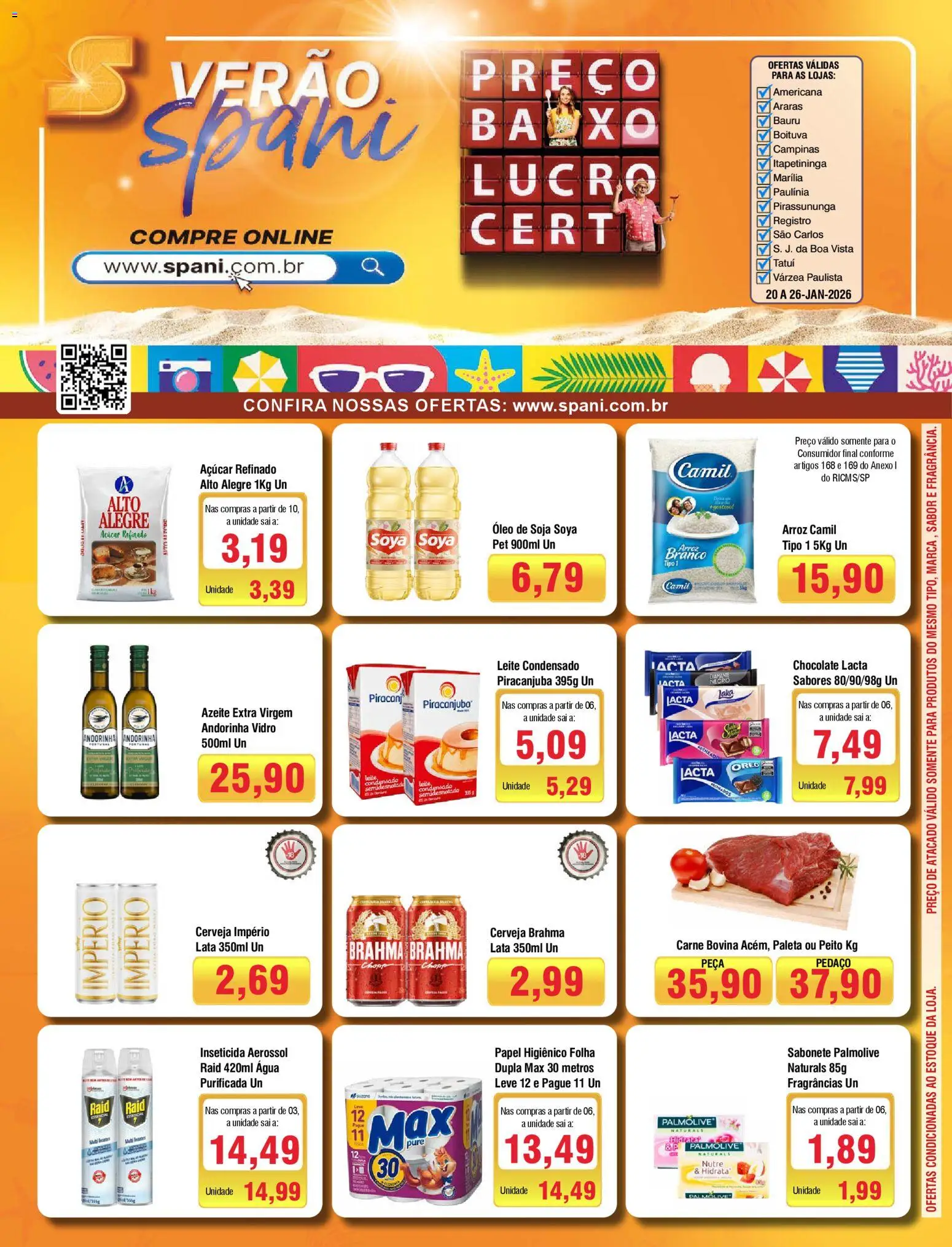Pré-Visualização do folheto "Ofertas da semana" da loja Spani Atacadista válido a partir de 20/01/2026 - Chocolate, Cerveja, Leite condensado, Óleo, Carne, Soja, Papel higiênico, Azeite extra virgem