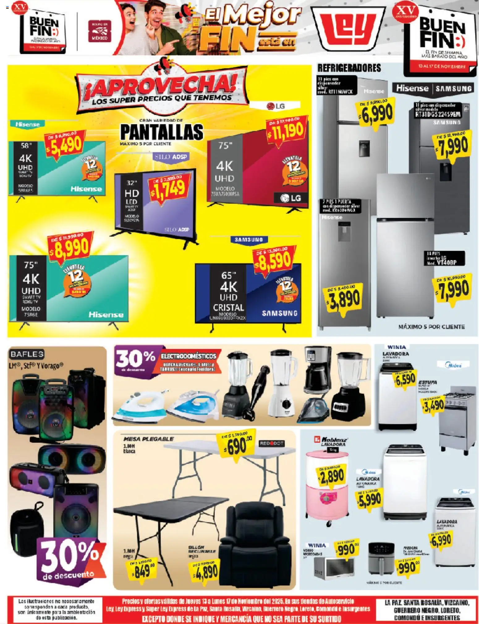 Vista previa las ofertas de la tienda Casa Ley - Buen Fin desde el 13/11/2025 - Lavadora, Pantallas, Mesa plegable, Sillón, Mesa, Freidora