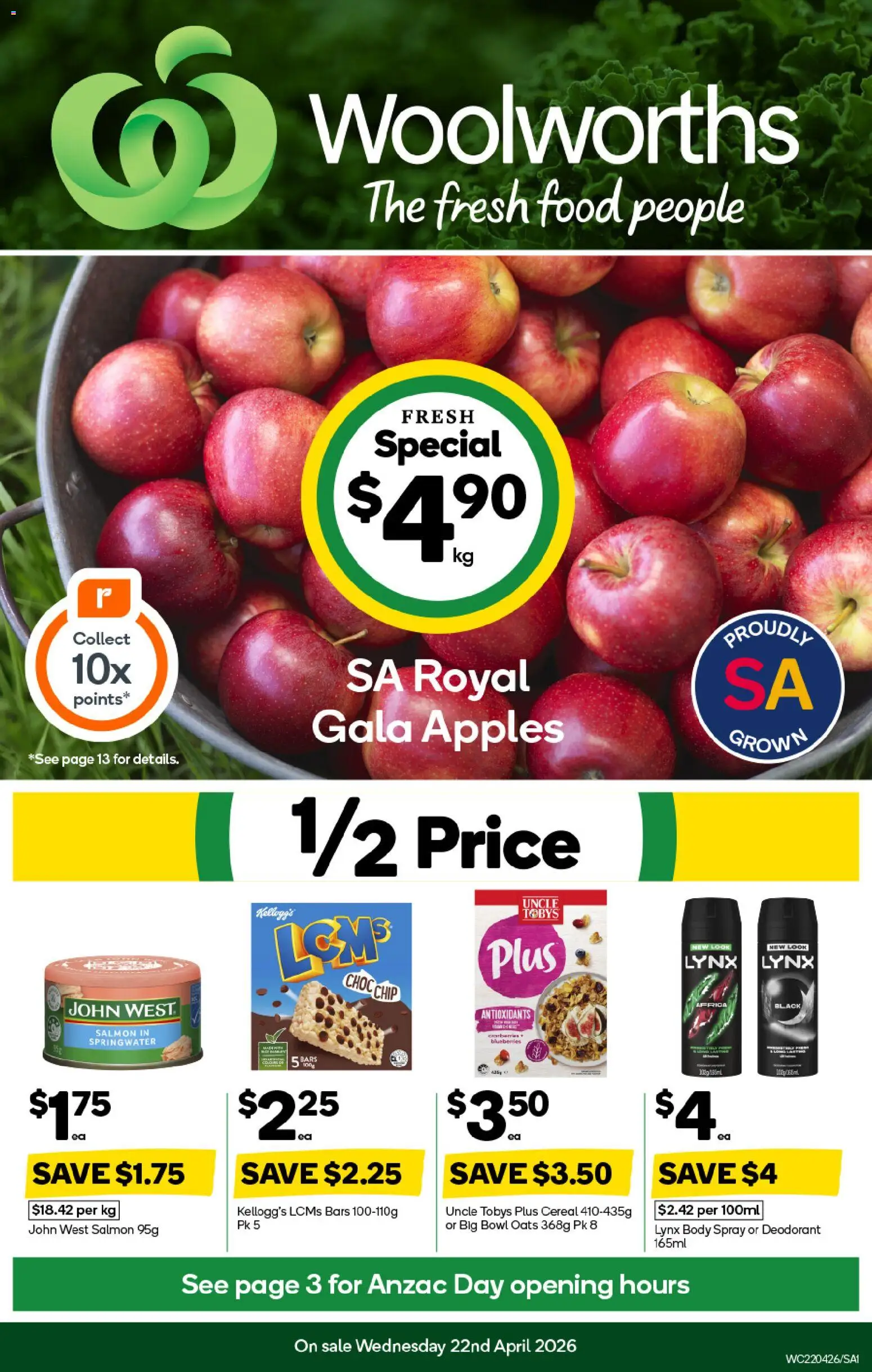Preview of catalogue Woolworths catalogue SA from shop Woolworths valid 22/04/2026 - Food, Apples, Deodorant, Oats, Cereal, Salmon, Blueberries