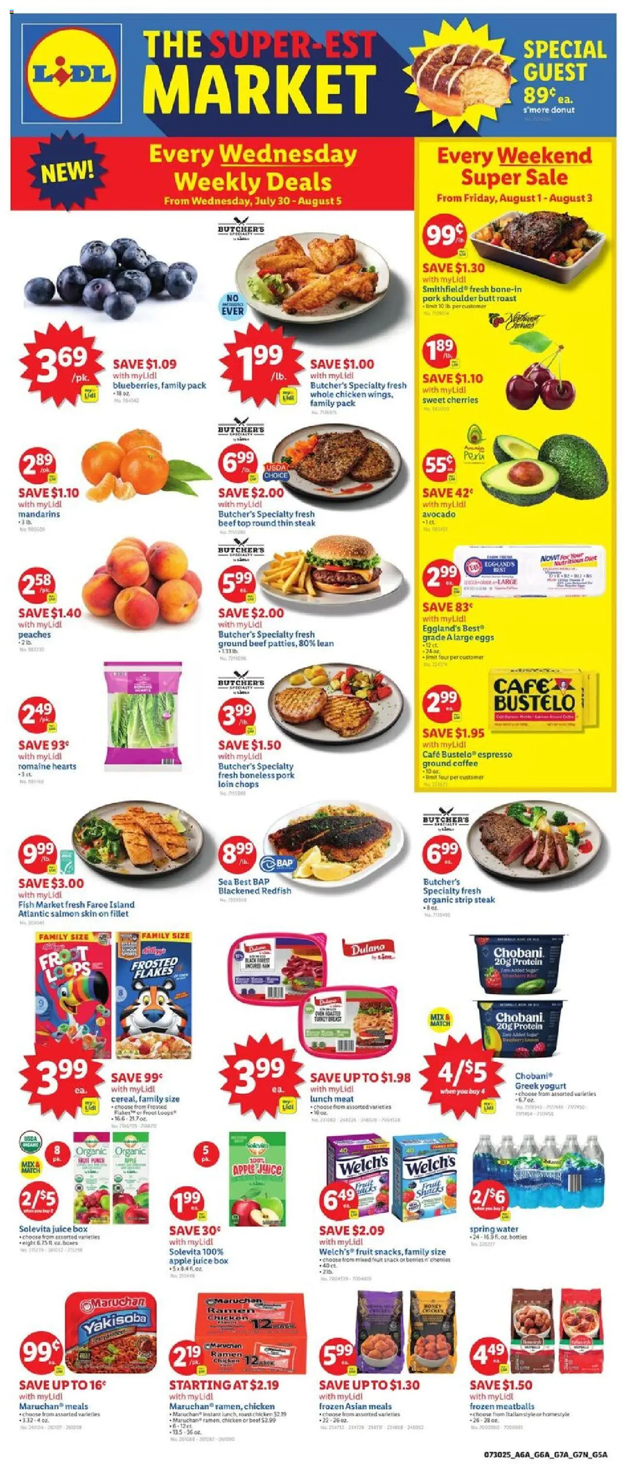 Lidl Weekly Ad - GA from 07/30/2025 - Circular, Weekly flyer - Page number 1 - Mandarins, Peaches, Pork loin, Box, Turkey, Meat, Juice, Ground beef