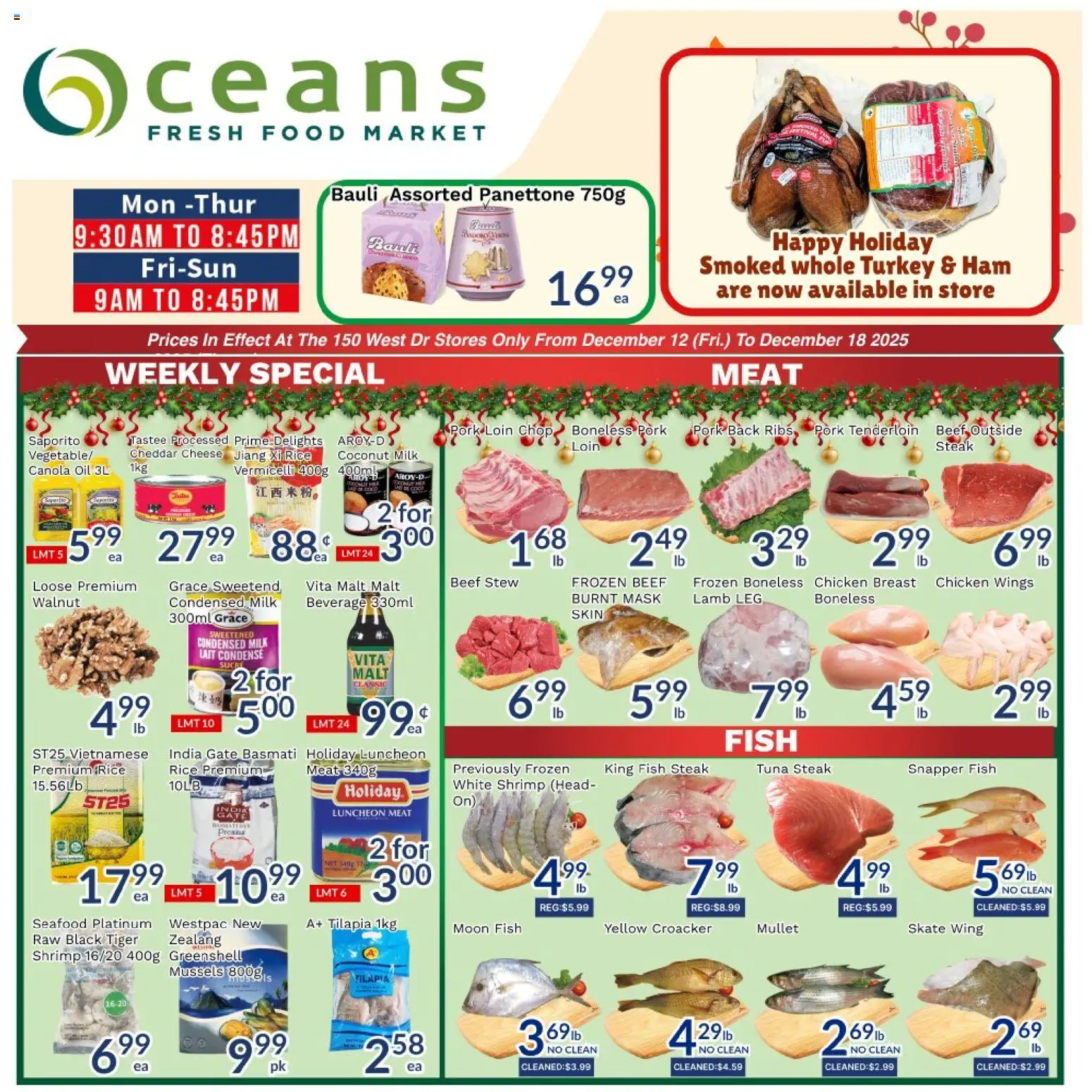 Preview of leaflet Weekly Flyer - Brampton from shop Oceans is valid from Dec 12, 2025 - Chicken, Shrimp, Lamb, Rice, Beef, Coconut, Tilapia, Tuna