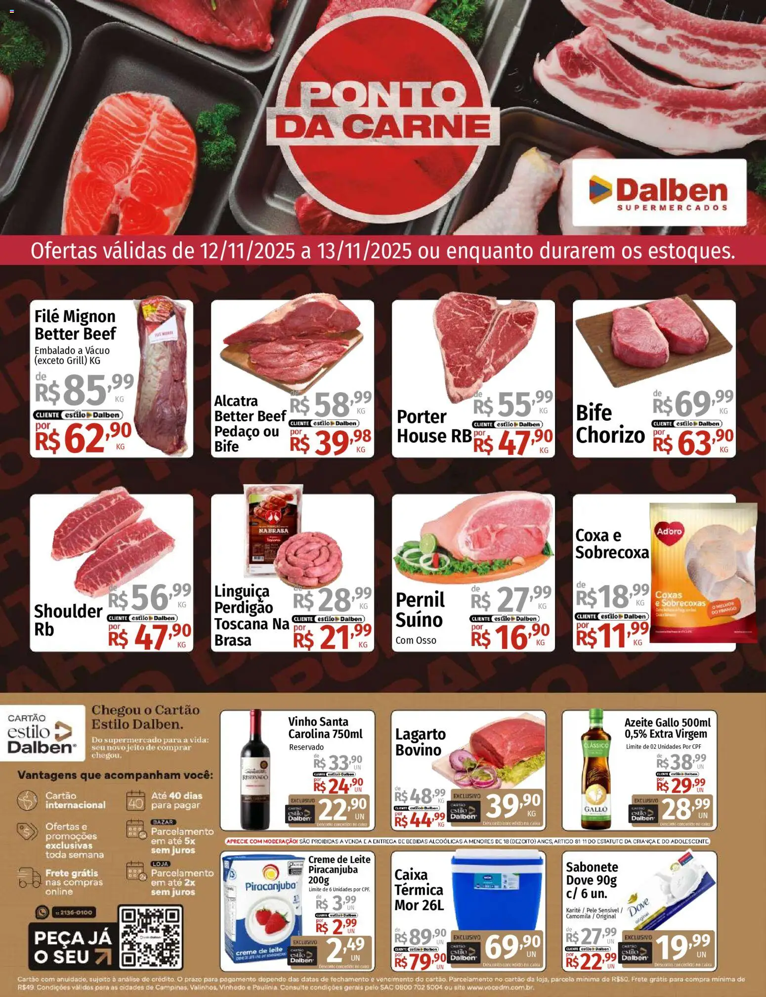 Pré-Visualização do folheto "Ofertas Ponto da Carne" da loja Supermercado Dalben válido a partir de 12/11/2025 - Caixa, Leite, Sabonete, Azeite, Creme de leite, Alcatra, Pernil, Filé mignon