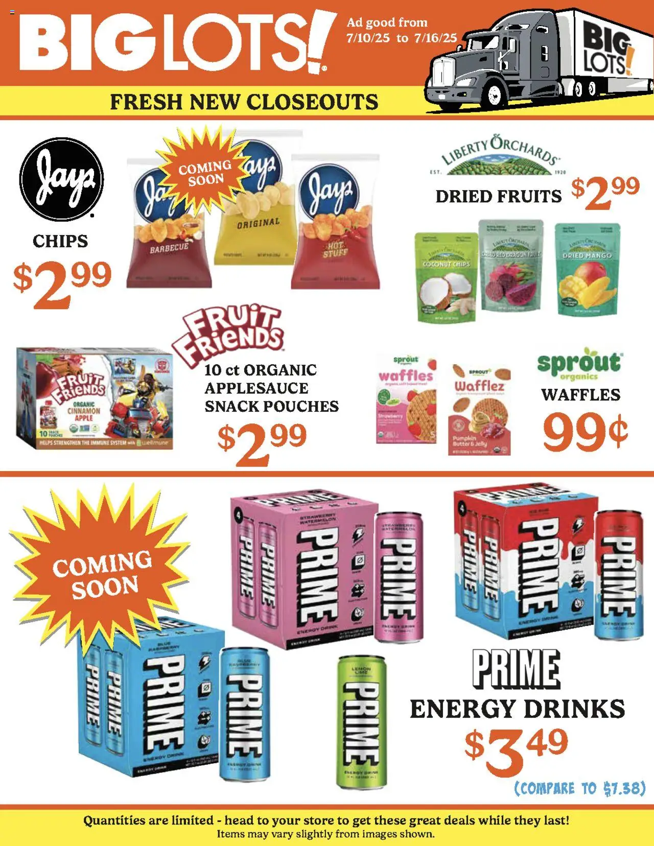 Big Lots Weekly Ad from 07/10/2025 - Flyer - Page number 1 - Dried mango, Waffles, Fruit, Fruits, Mango, Lime, Pumpkin, Coconut