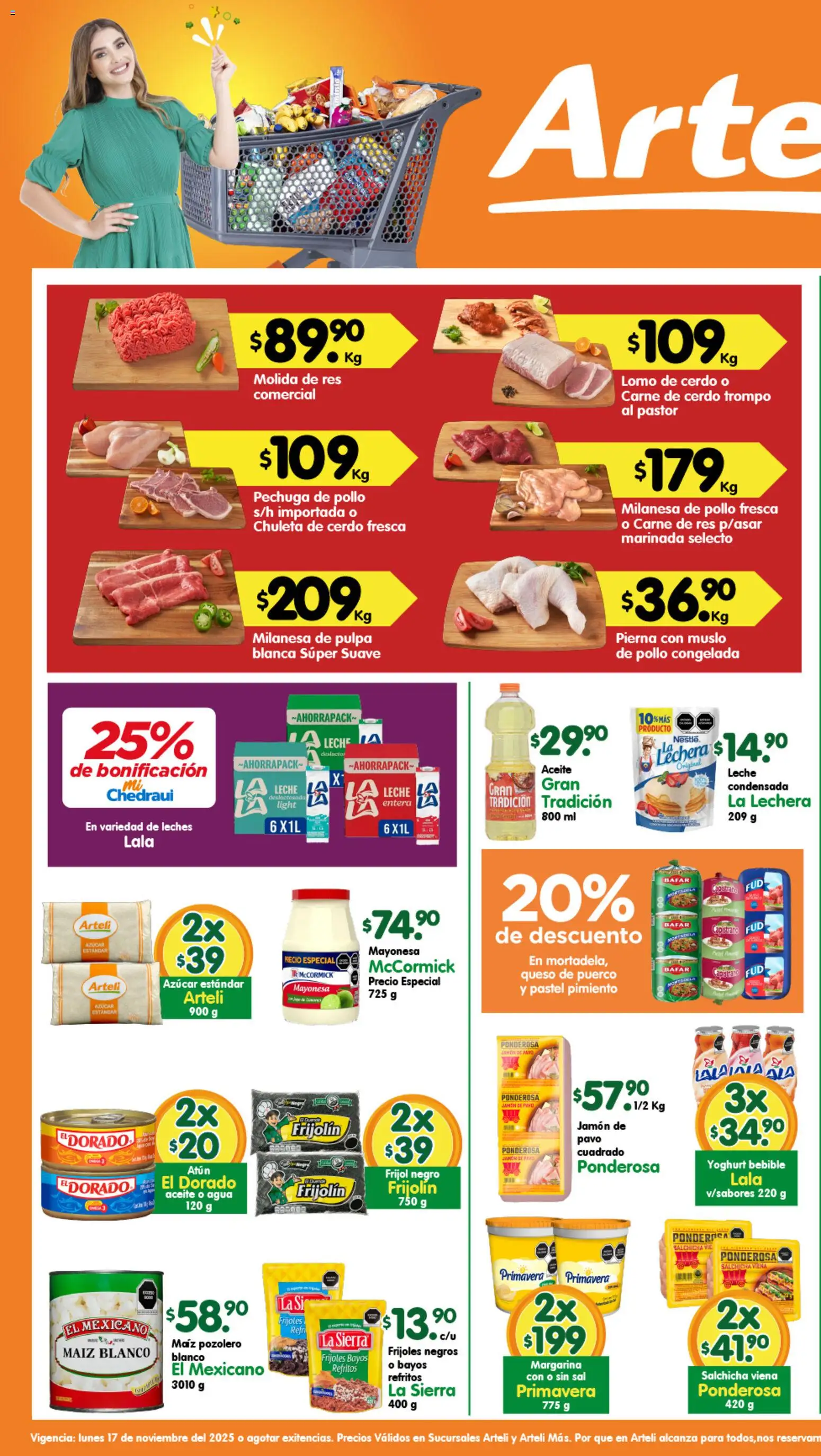 Vista previa las ofertas de la tienda Arteli - Folleto Valles desde el 17/11/2025 - Azúcar, Queso, Frijoles, Atún, Milanesa, Chuleta, Chuleta de cerdo, Carne de cerdo