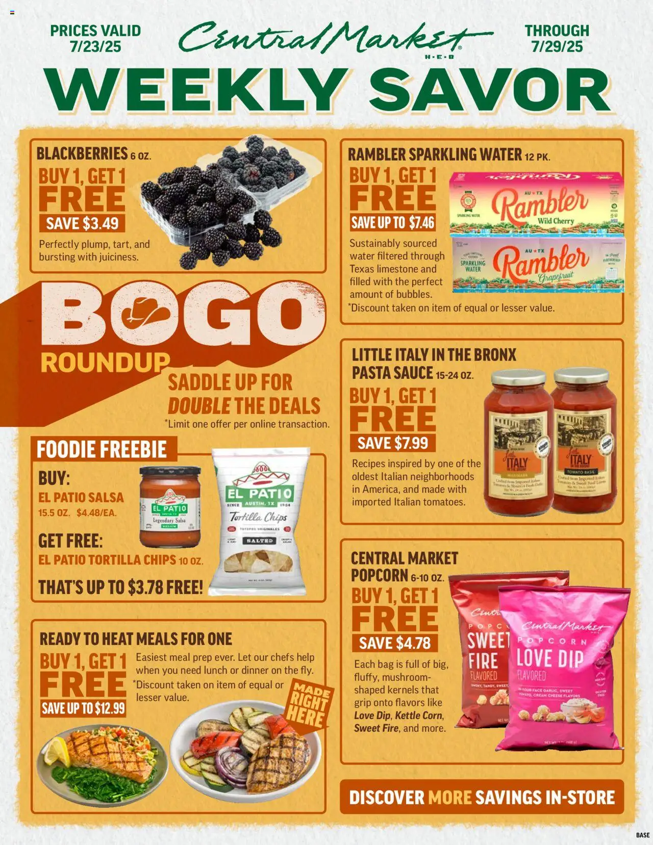 Central Market Weekly Ad from 07/23/2025 - Flyer - Page number 1 - Pasta, Water, Chips, Popcorn, Tomato, Bag, Kettle, Tortilla chips