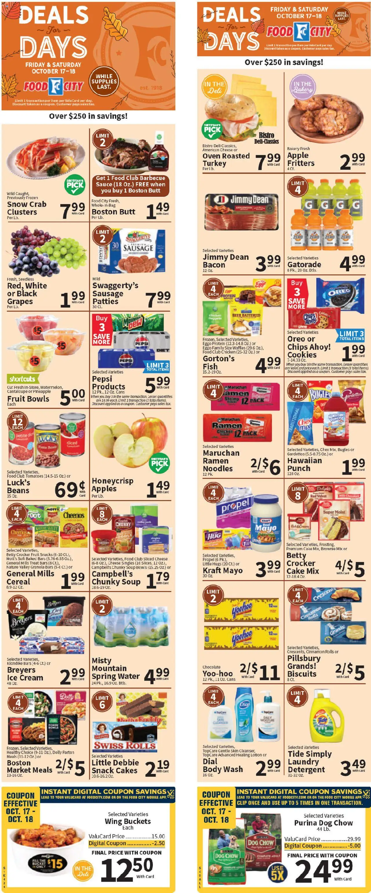 Food City Weekly Ad from 10/15/2025 - Flyer - Page number 1 - Apples, Fish, Cookies, Water, Protein, Clip, Detergent, Chicken