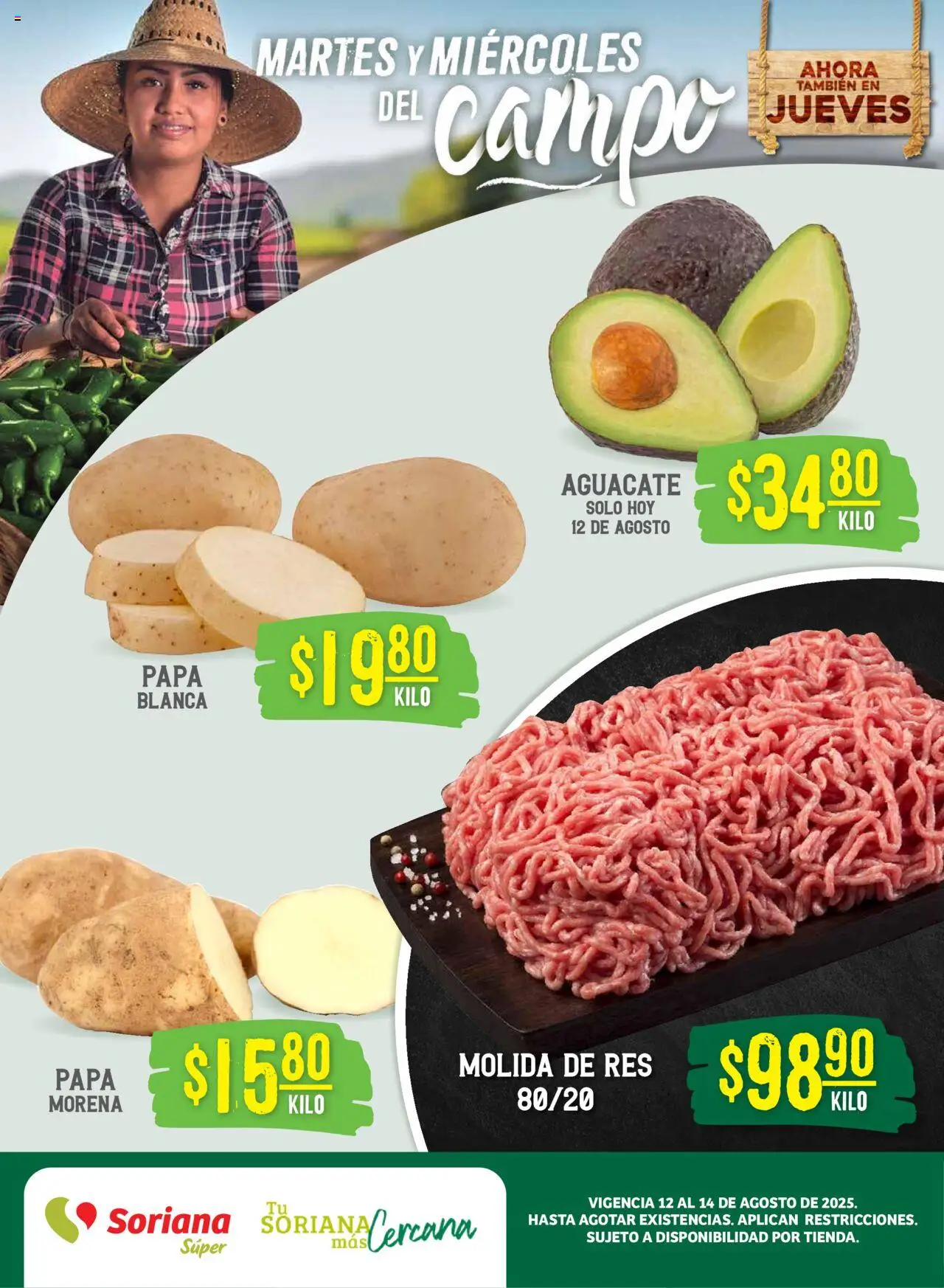 Martes y Miércoles del Campo Súper: Tijuana, Mexicali, Ensenada, San Luis Río Colorado y Tecate Soriana y sus promociones válidas desde el 12/08/2025 - Número de página 1 - Papa, Aguacate, Res