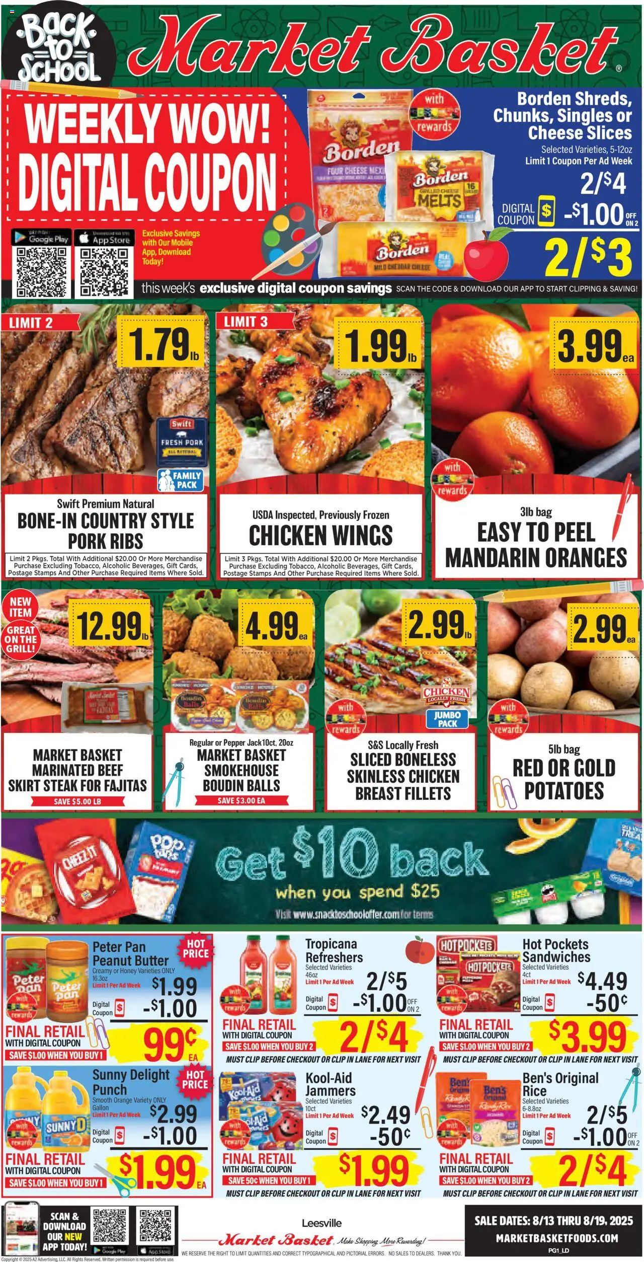 Market Basket Leesville, Many from 08/13/2025 - Flyer - Page number 1 - Oranges, Cheese, Potatoes, Bag, Basket, Pork, Cheddar cheese, Chicken