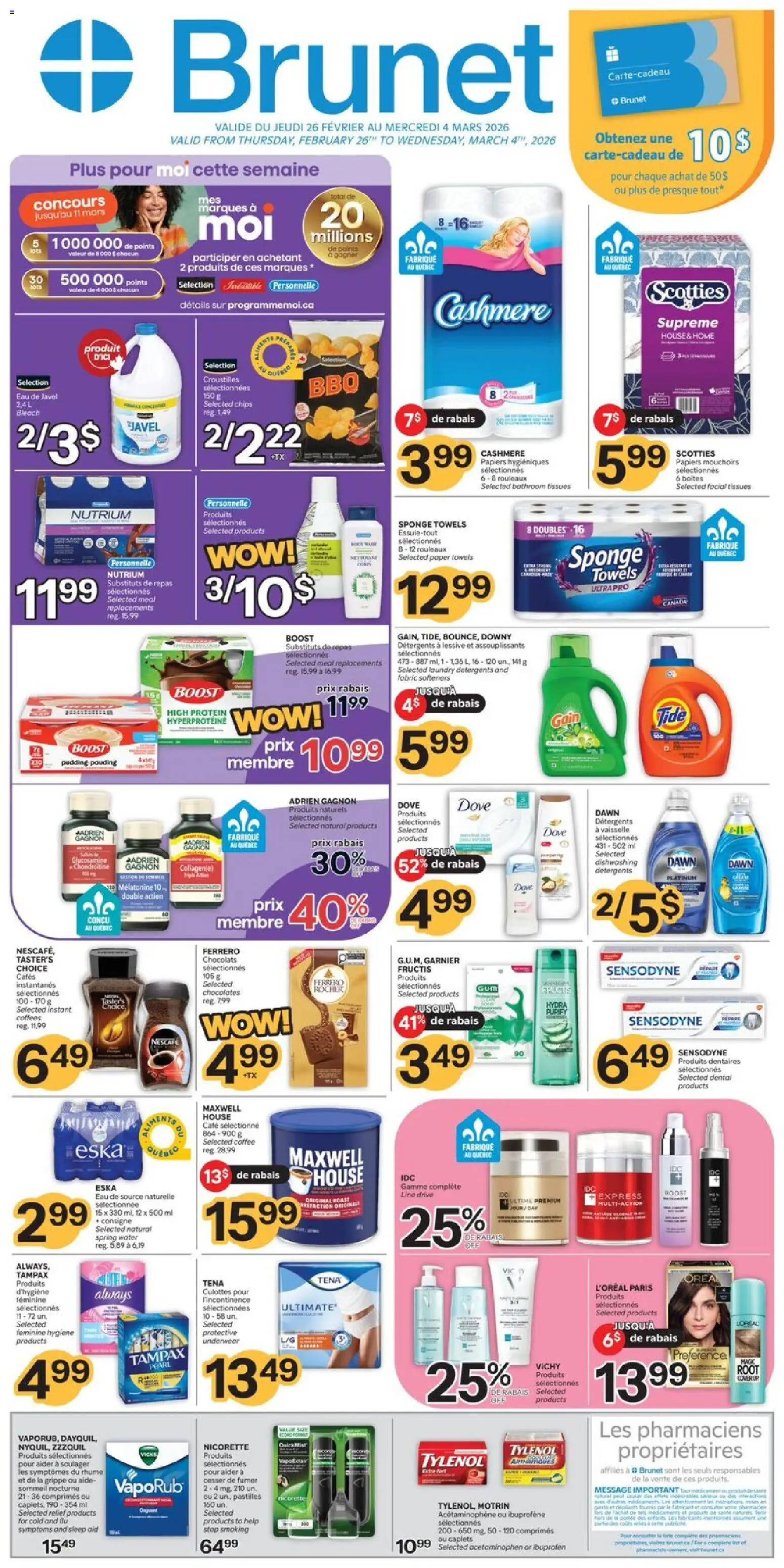 Preview of leaflet Weekly flyer / circulaire from shop Brunet is valid from Feb 26, 2026 - Coffee, Chips, Spring water, Roast, Paper towels, Pudding, Sponge, Tissues