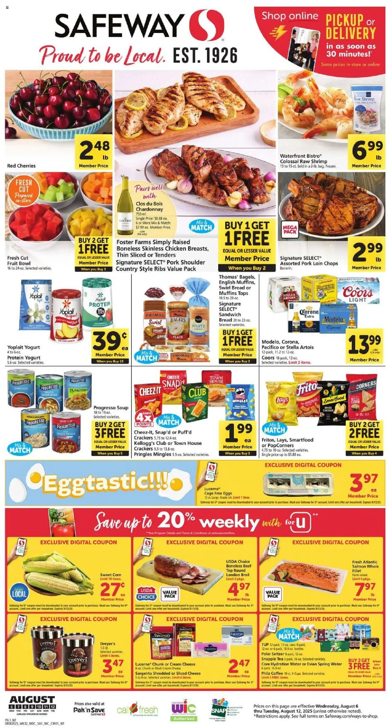 Safeway Weekly Ad from 08/06/2025 - Flyer - Page number 1 - Eggs, Cheese, Bread, Yogurt, Cream cheese, Pork, Protein yogurt, Sliced cheese