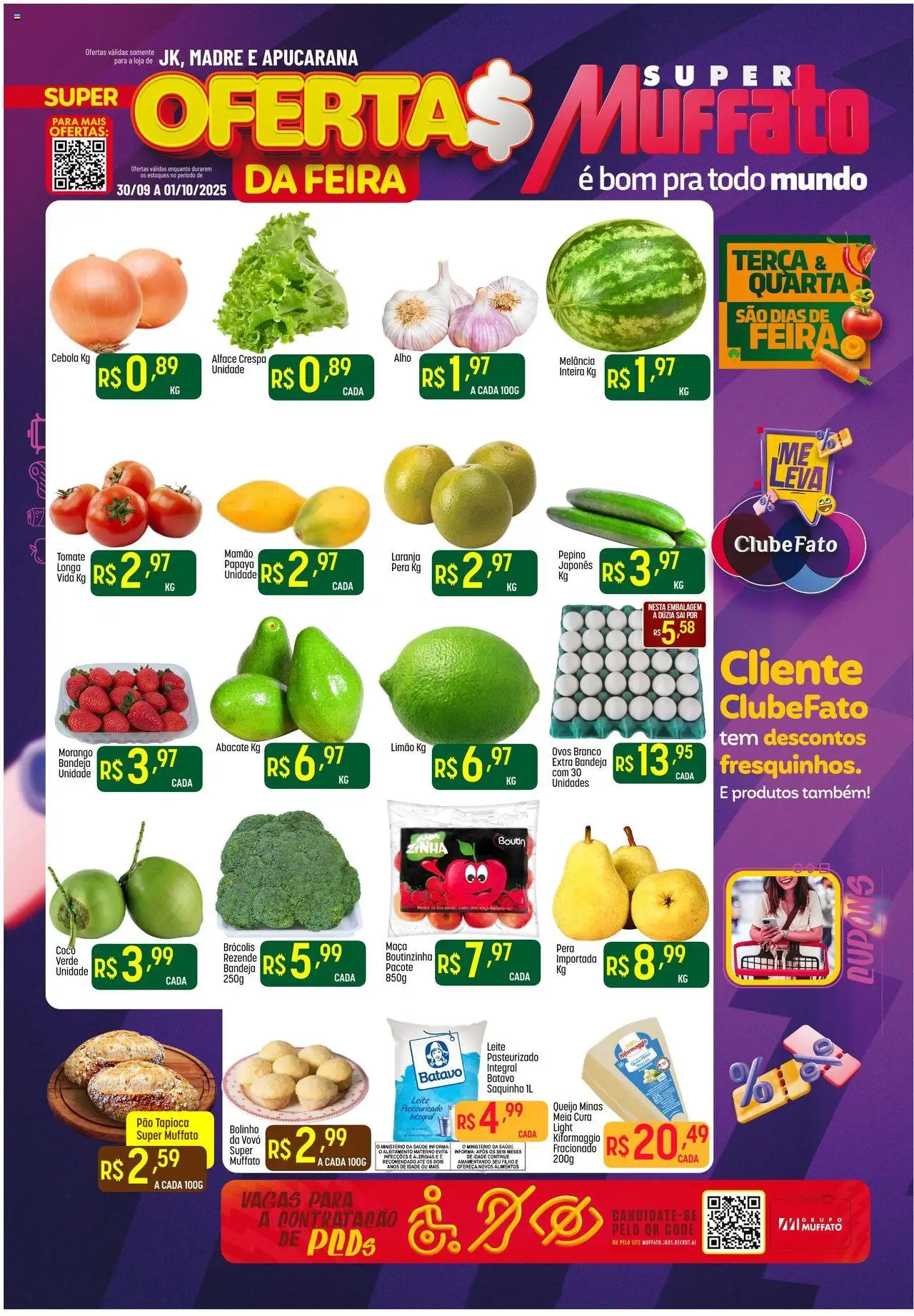 Super Muffato folheto "Ofertas Feira" válido a partir de 30/09/2025 - número de página 1 - Ovos, Pão, Brócolis, Queijo, Tomate, Alimentos, Alho, Mamão