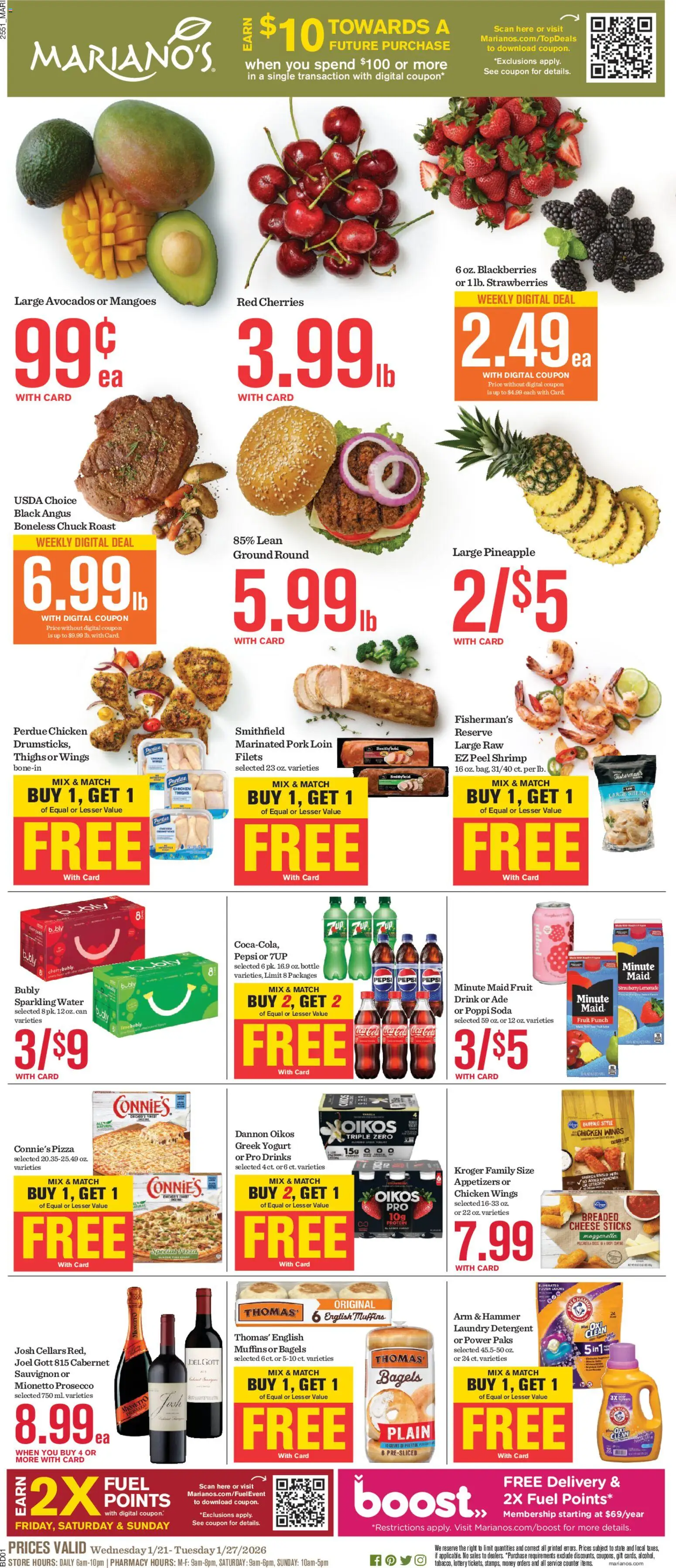 Ad Preview of Mariano's Weekly Ad from 01/21/2026 - Pizza, Cheese, Yogurt, Prosecco, Pork, Pork loin, Mionetto Prosecco, Chicken