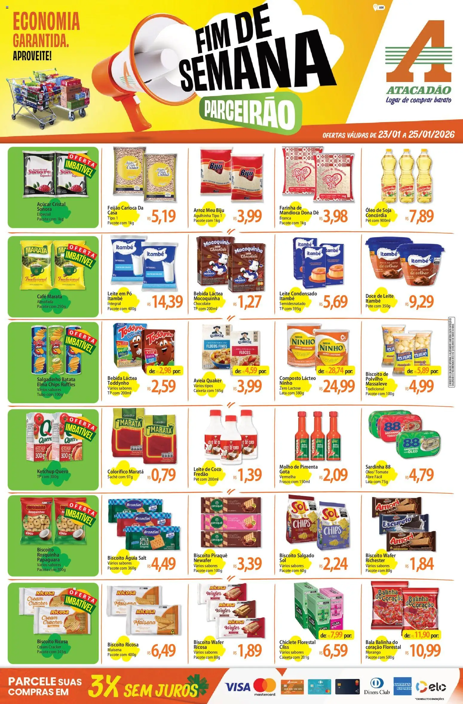 Pré-Visualização do folheto "Ofertas - AM" da loja Atacadão válido a partir de 23/01/2026 - Arroz, Biscoito, Soja, Tomate, Elma Chips, Pó, Polvilho, Cálcio