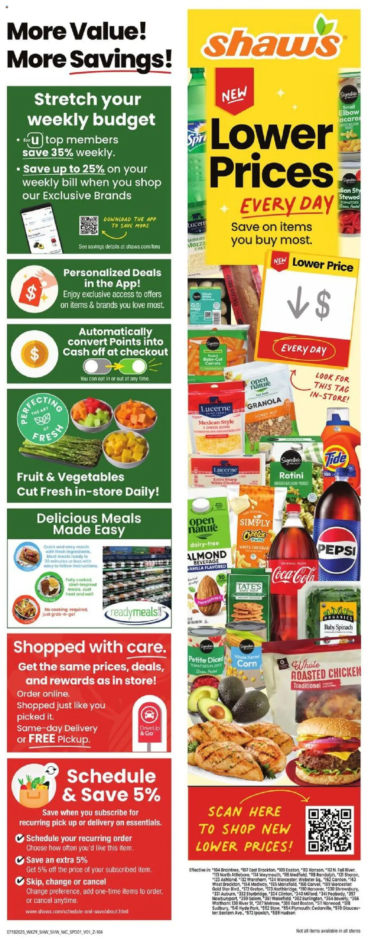 Shaw's Weekly Ad from 07/18/2025 - Flyer - Page number 1 - Spinach, Chicken, Honey, Cheese, Vegetables, Pepsi, Carrots, Vanilla
